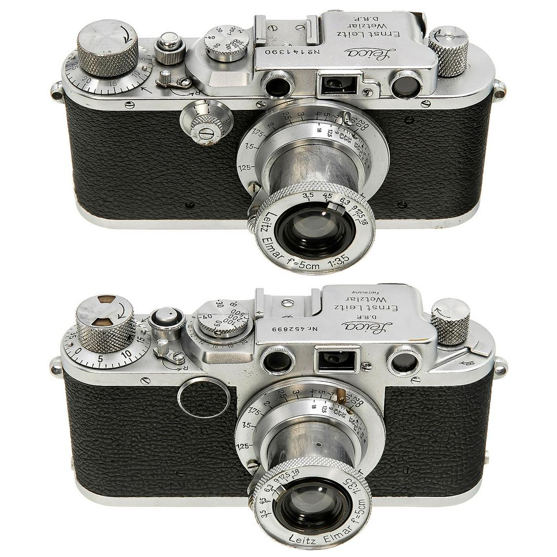 Leica III (F) and IIf: Leica III (F) and IIf Leitz, Wetzlar. 1) Leica III (F), 1934, no. 141390, chrome, Elmar 3,5/5 cm, no. 360835. (3/2-3) - And: 2) Leica IIf, 1951, no. 452899, red-dial synchronization, shutter speeds un