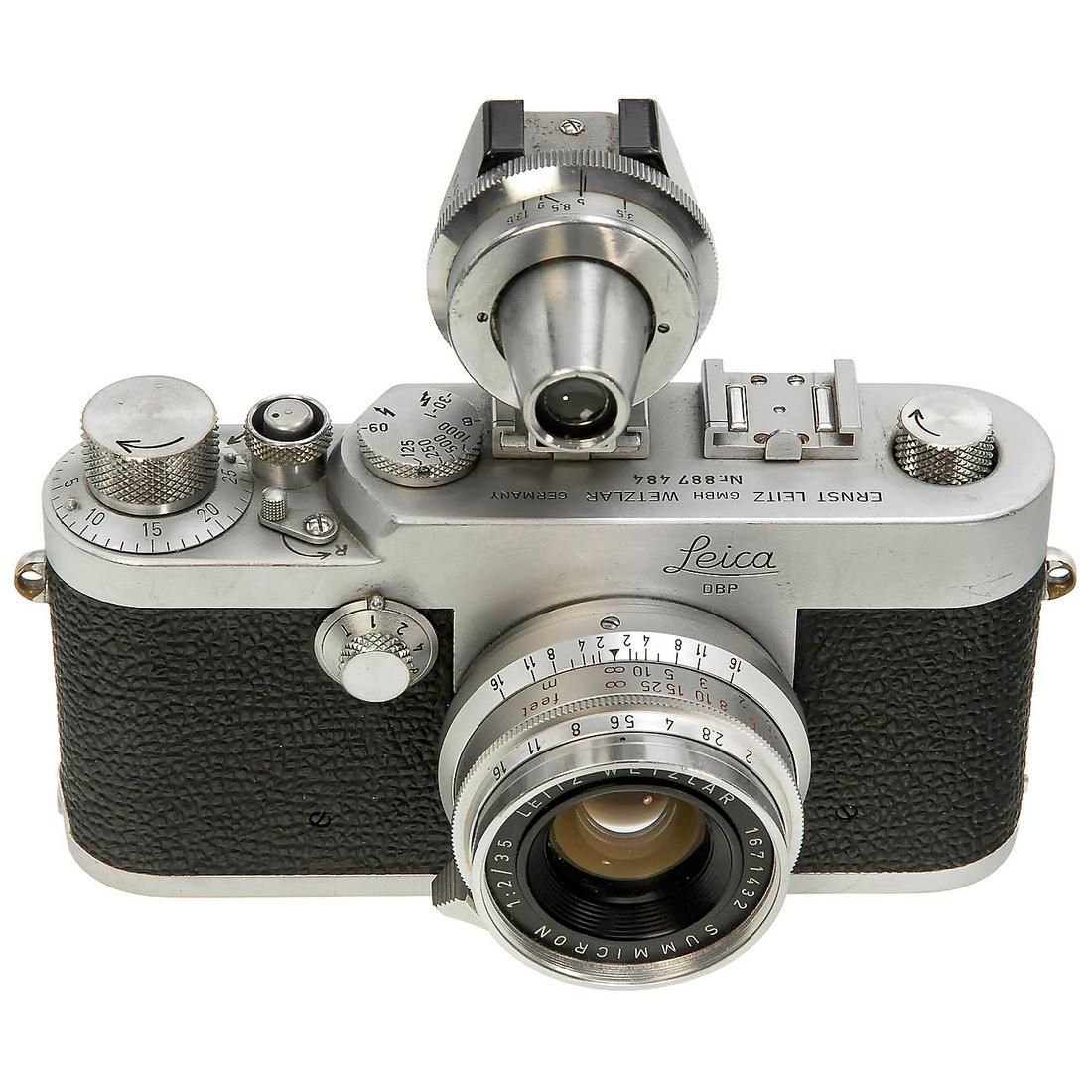 Leica Ig with Summicron 35 mm, 1957: Leica Ig with Summicron 35 mm, 1957 Leitz, Wetzlar. No. 887484, from the first production year. Summicron 2/35 mm, no. 1671432. Universal viewfinder VIOOH. Leica Ig mit Summicron 35 mm, 1957 Leitz, We