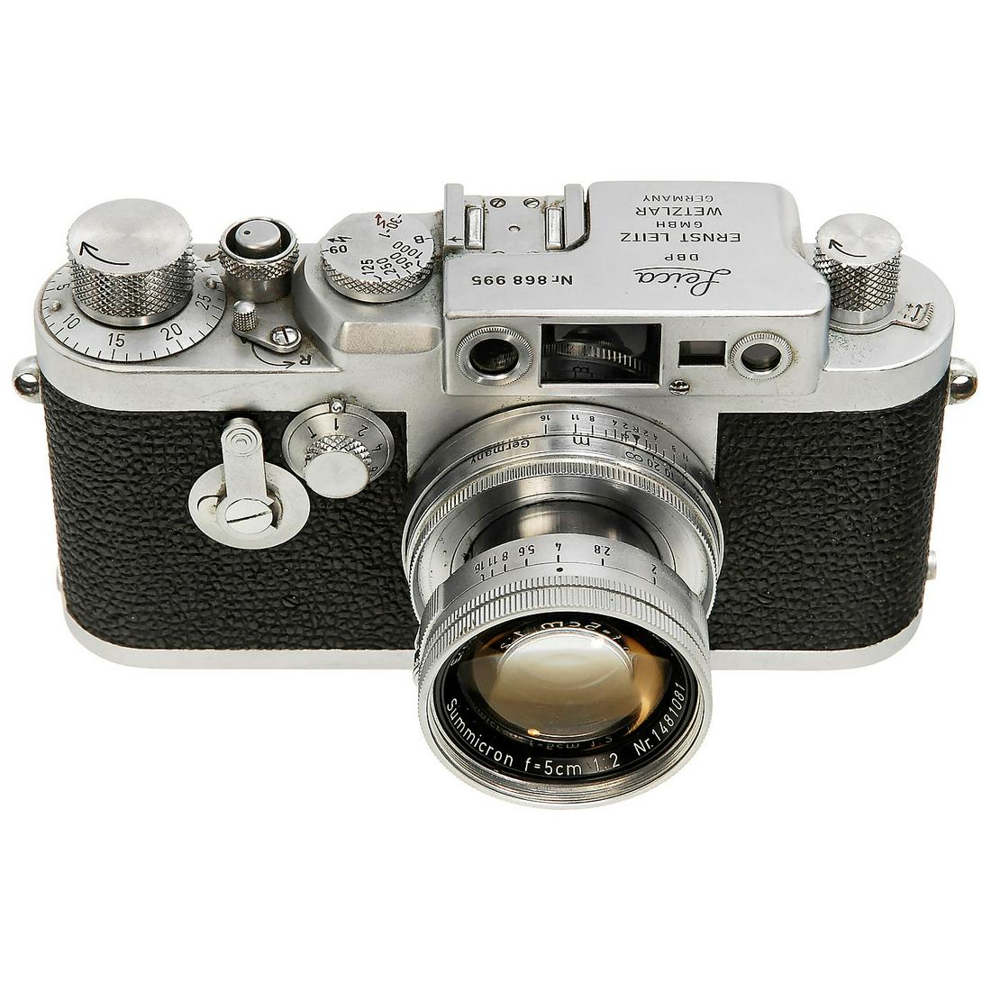 Leica IIIg with Summicron 5 cm, 1957: Leica IIIg with Summicron 5 cm, 1957 Leitz, Wetzlar. No. 868995, shutter stuck, vulcanite and body in very good condition. Summicron 2/5 cm, no. 1481081. Leica IIIg mit Summicron 5 cm, 1957 Leitz, Wet