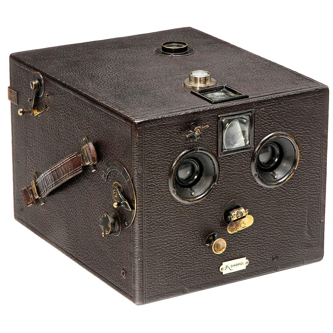 Monopol (Stereo) by Hüttig, c. 1900: Monopol (Stereo) by Hüttig, c. 1900 Hüttig, Dresden. Plate size 9 x 18 cm, for 12 changing plates, shutter M + Z, focusing lens, counter. - Very good condition. Monopol (Stereo) von Hüttig, um 1900