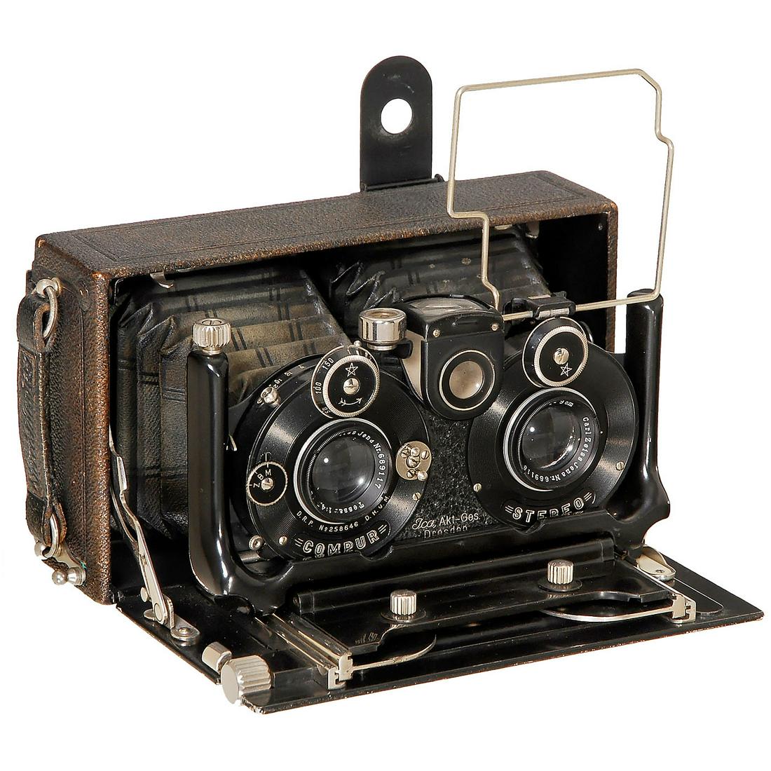 Stereo-Ideal No. 651, c. 1910: Stereo-Ideal No. 651, c. 1910 Ica, Dresden. Size 6 x 13 cm on plates, no. J35079, 2 x Tessar 4,5/9 cm (no. 689117 + 689118), Stereo-Compur shutter (working well), Ica focusing screen back. - Excellent