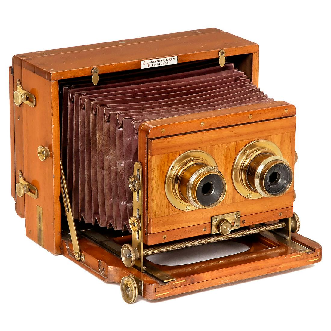 Stereo Instantograph Model 422, c. 1890: Stereo Instantograph Model 422, c. 1890 Lancaster & Son, Birmingham. Model 422, size 7 ¼ x 4 ½ in., polished mahogany body with brass fittings, 2 brass "Patent 13 in." lenses by Lancaster with iris