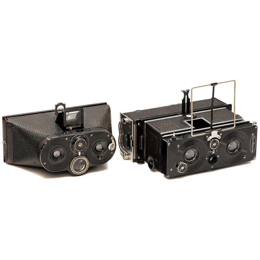 Ica Polyskop No. 607 and Ica Stereofix No. 604: Ica Polyskop No. 607 and Ica Stereofix No. 604 Ica A.G., Dresden. 1) Polyskop No. 607, 45 x 107 mm, c. 1922, 2 x Carl Zeiss Tessar 4,5/6,5 cm, central shutter Z, B, 1-1/250 sec., rack-and-pinion focus