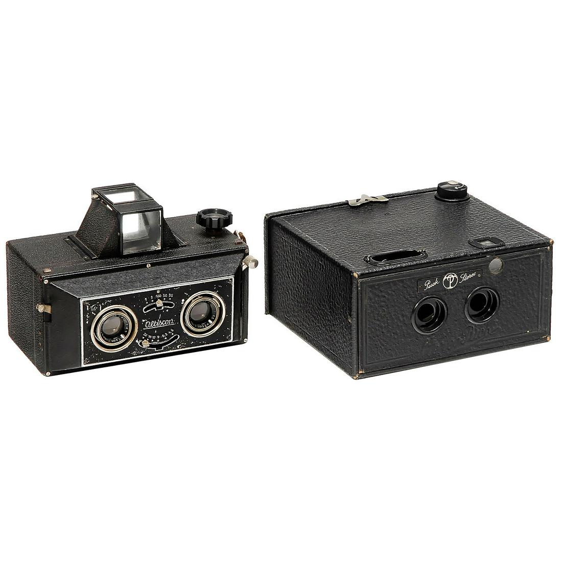 Altiscop and Stereo-Puck: Altiscop and Stereo-Puck 1) Eho Kamerafabrik, Dresden. Altiscop, 1937, stereo camera for rollfilm 120, lenses: Ludwig Dresden Victar 4,5/7,5 cm, iris diaphragms 4,5-22, two-blade shutter T, B, 1/25-1/