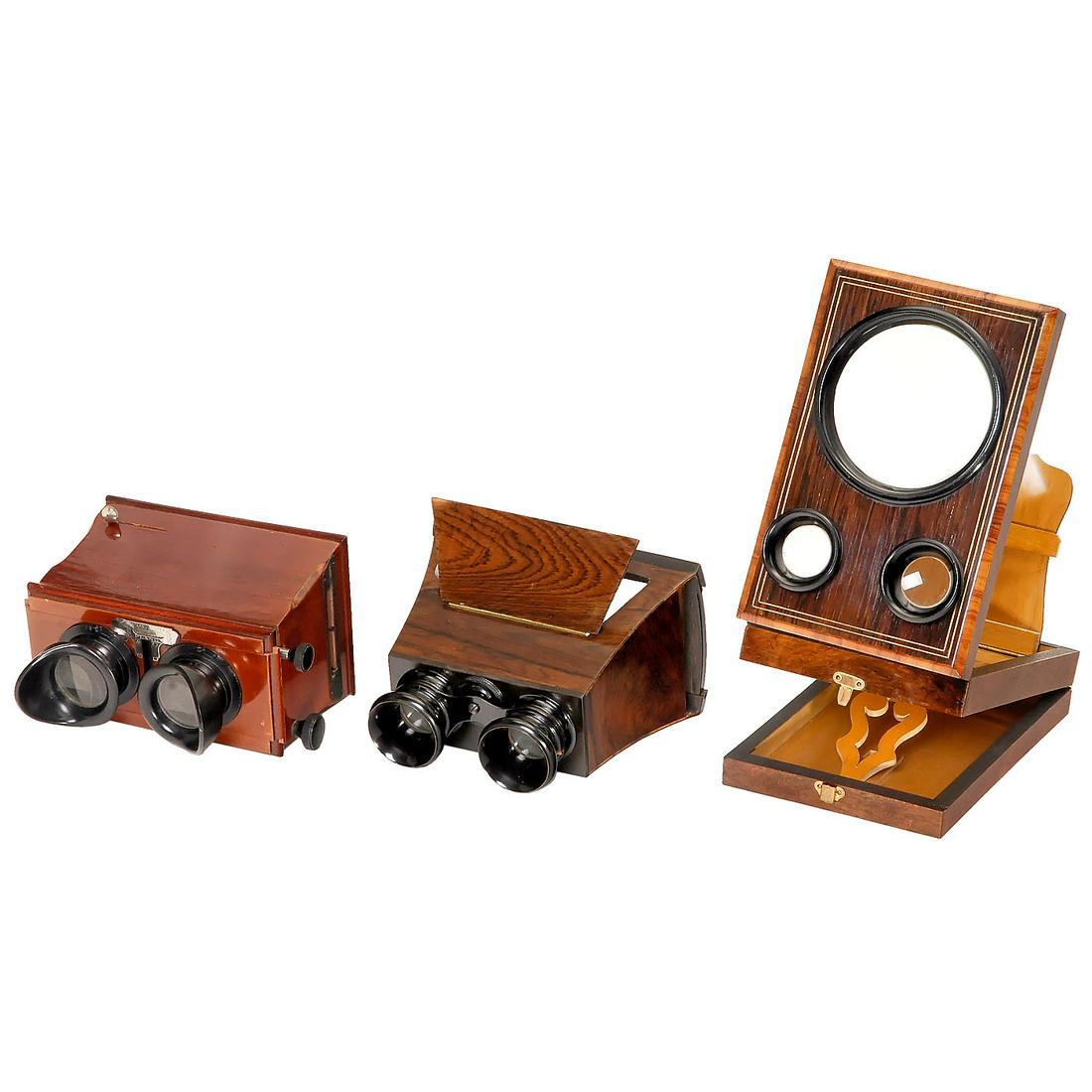 3 Stereo Viewers: 3 Stereo Viewers 1) Stéréoscopes, Paris. Planox, c. 1920. For stereo slides of 6 x 13 cm, mahogany, focusing lenses, adjustable interocular distance. (2-/2-) - 2) Hand-held Brewster-type stereo view