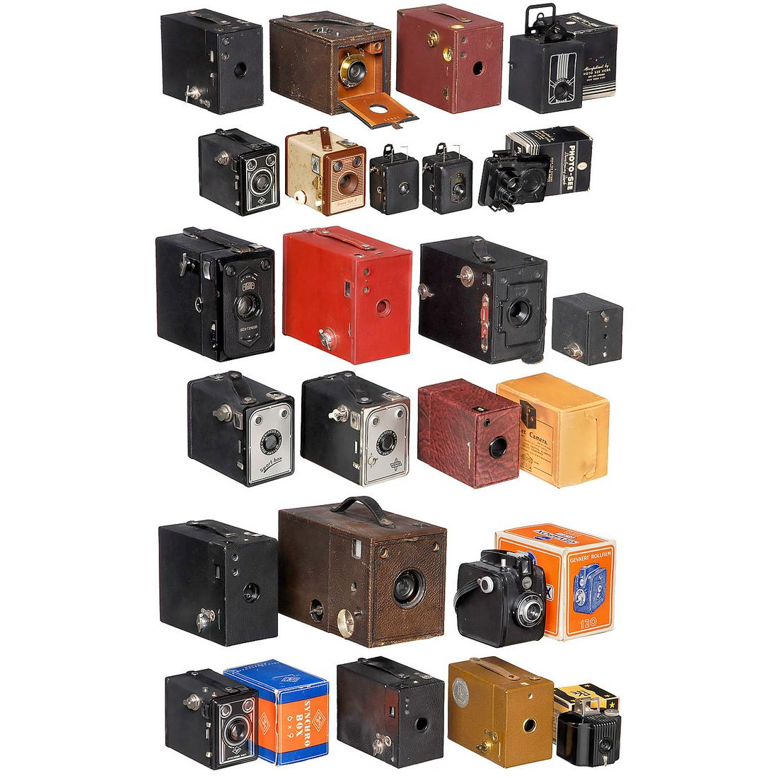 Large Lot of Box Cameras: Large Lot of Box Cameras 1) Coronet Camera (red) for plates, with box. - 2) Ensign Box 2 ¼ B. - 3) Box-Tengor 54/15. - 4) Baby-Box 54/18. - 5) Baby-Box 54/18 (E). - 6-15) Kodak: No. 4 Bull's-Eye Spec
