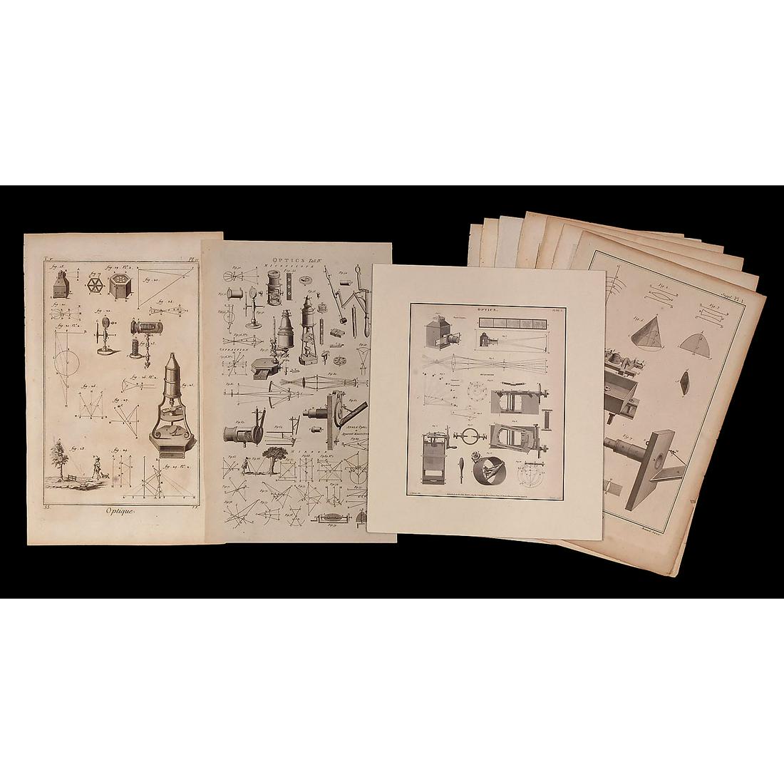 10 Optical Bookplates, c. 1860: 10 Optical Bookplates, c. 1860 9 French plates 16 1/6 x 10 1/5 in., depicting the microscope, magic lantern, light refraction and calculations of light. - And: 1 English plate depicting optics and the