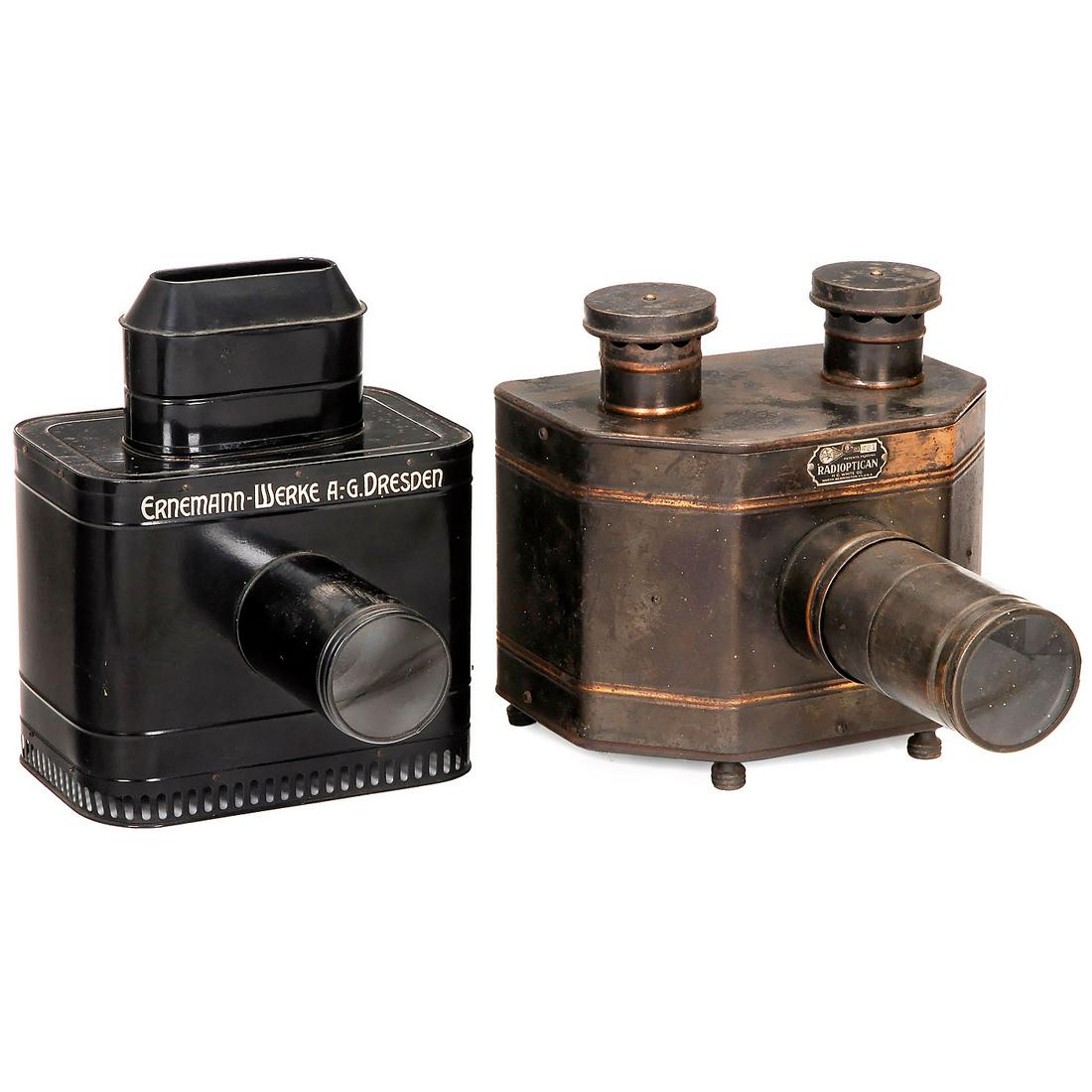 2 Postcard Projectors: 2 Postcard Projectors 1) Ernemann, Dresden. "Megaskop", c. 1918, with square wooden frame for postcards of 9 x 13 cm, for electric illumination, height 13 in., without cable. - And: 2) H.C. White, USA