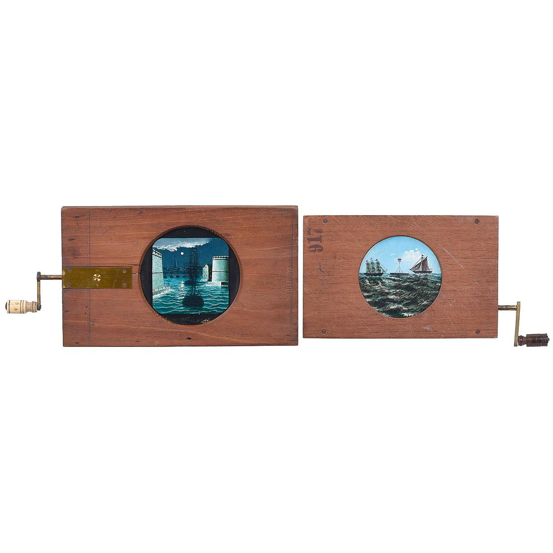 2 Single Rackwork Slides of Sailing Ships, c. 1880: 2 Single Rackwork Slides of Sailing Ships, c. 1880 1) Marked "Makoletto". Wood frame 5 x 8 ½ in., nocturnal harbor scene with ship, picture size Ø 3 ½ in., very solid crank mechanism. (2/2) - And: 