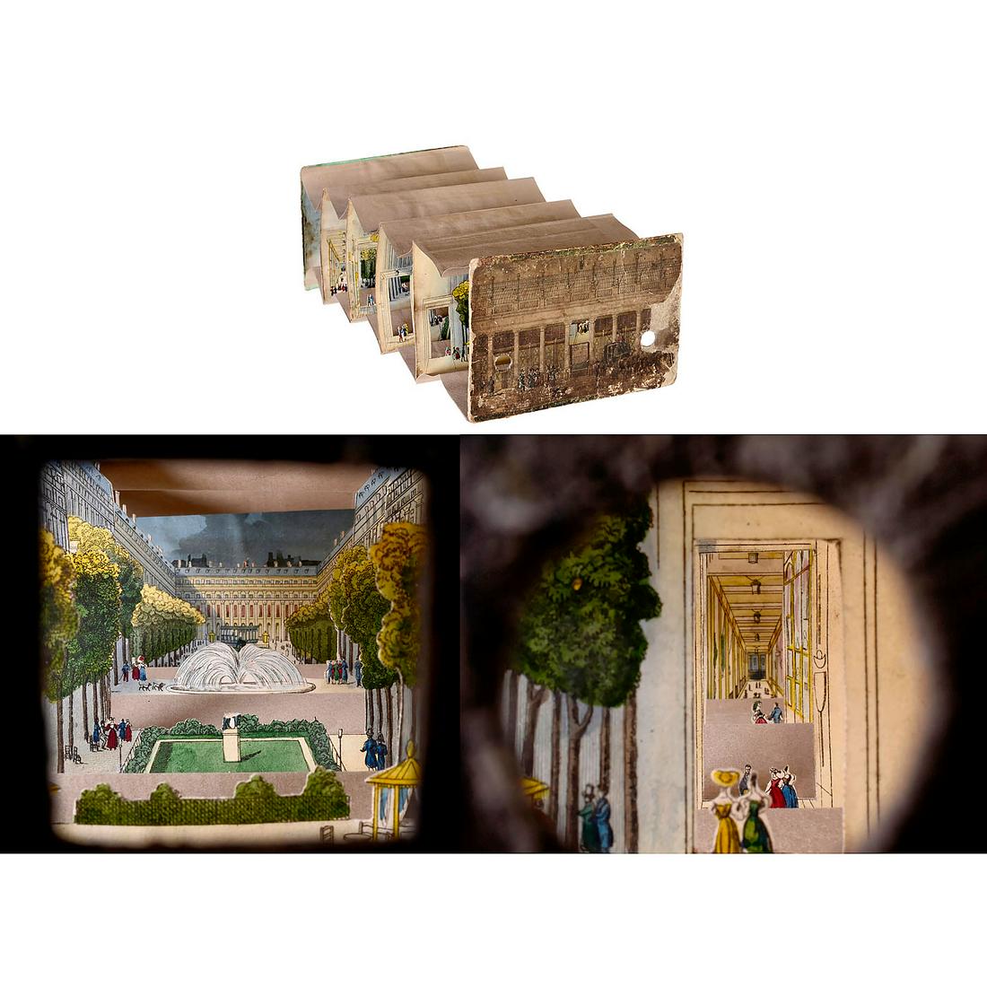 Perspective View (Diorama): Castle, c. 1850: Perspective View (Diorama): Castle, c. 1850 Presumably France. 3 spyholes, 5 sections, size 5 x 7 in., length approx. 15 ¾ in., hand-colored lithograph. Castle and park with figures and lateral cast