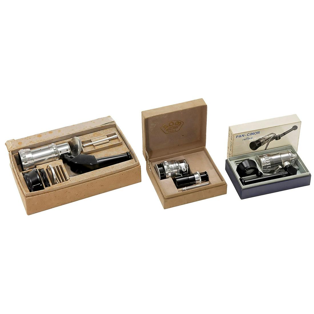 3 Movie Lenses by Berthiot: 3 Movie Lenses by Berthiot Berthiot, Paris. 1) SOM Pan-Cinor Reflex 2,8/10-30 mm, for 8mm camera, with box, D-Mount. - 2) SOM Pan-Cinor 2,8/12,5-36 mm, with coupled viewfinder, for 8mm camera, D-Mount