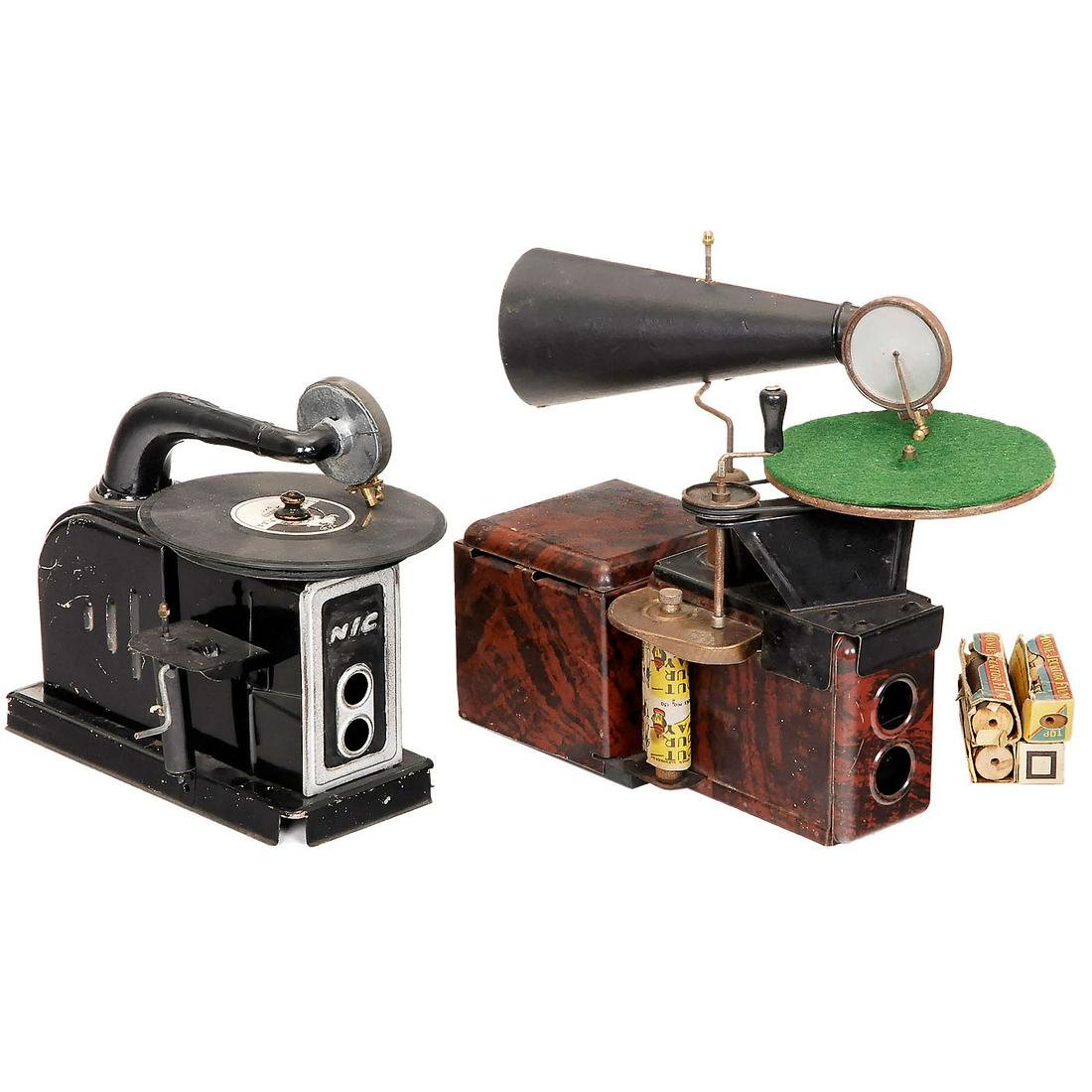 2 Tin-Toy Projectors: "NIC Sonora" and "Combo Gramo: 2 Tin-Toy Projectors: "NIC Sonora" and "Combo Gramo Film", 1930s Presumably produced by Durable Toy and Novelty Corp., USA. 1) "NIC Sonora", tin housing, electric light, crank-operated, with one recor