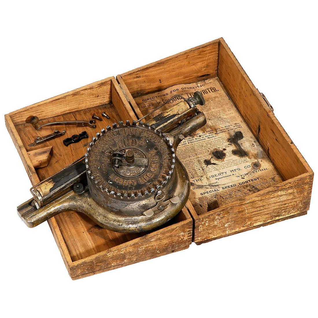 Edland Typewriter Parts, 1891: "Edland" Typewriter Parts, 1891 One of the rarest American index typewriters, designed by Joe E. Edland, Brooklyn, NY, manufactured by "The Liberty Mfg. Co., 259 Hudson Street, New York", according to