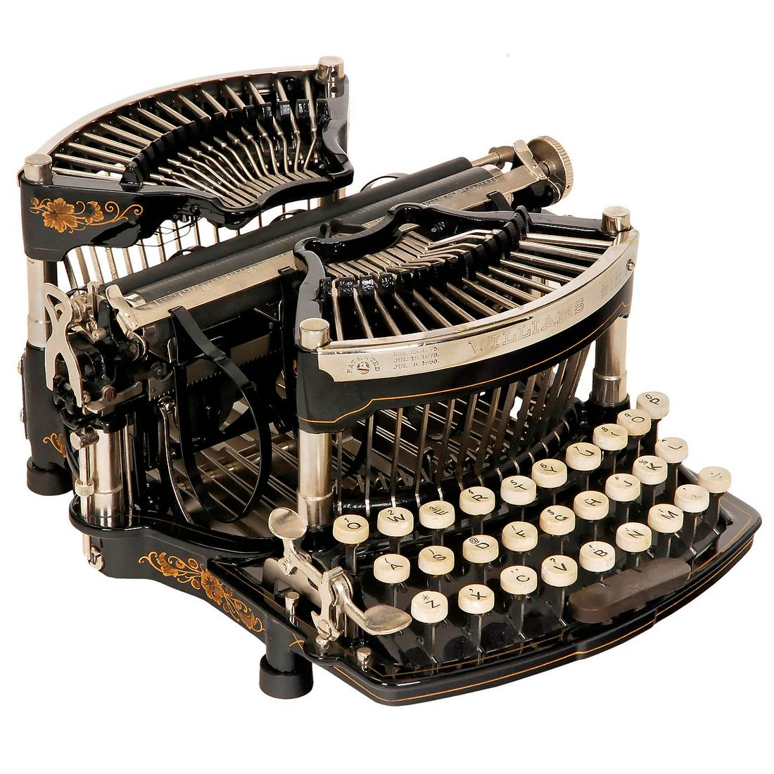 Williams No. 1 Typewriter (Curved!), 1894: Williams No. 1 Typewriter (Curved!), 1894 Manufacturer: Williams Typewriter Company, produced by the Brady Mfg. Co. in Brooklyn, New York. Curved keyboard, 3 rows, 28 keys, 84 characters, 2 sets of ty