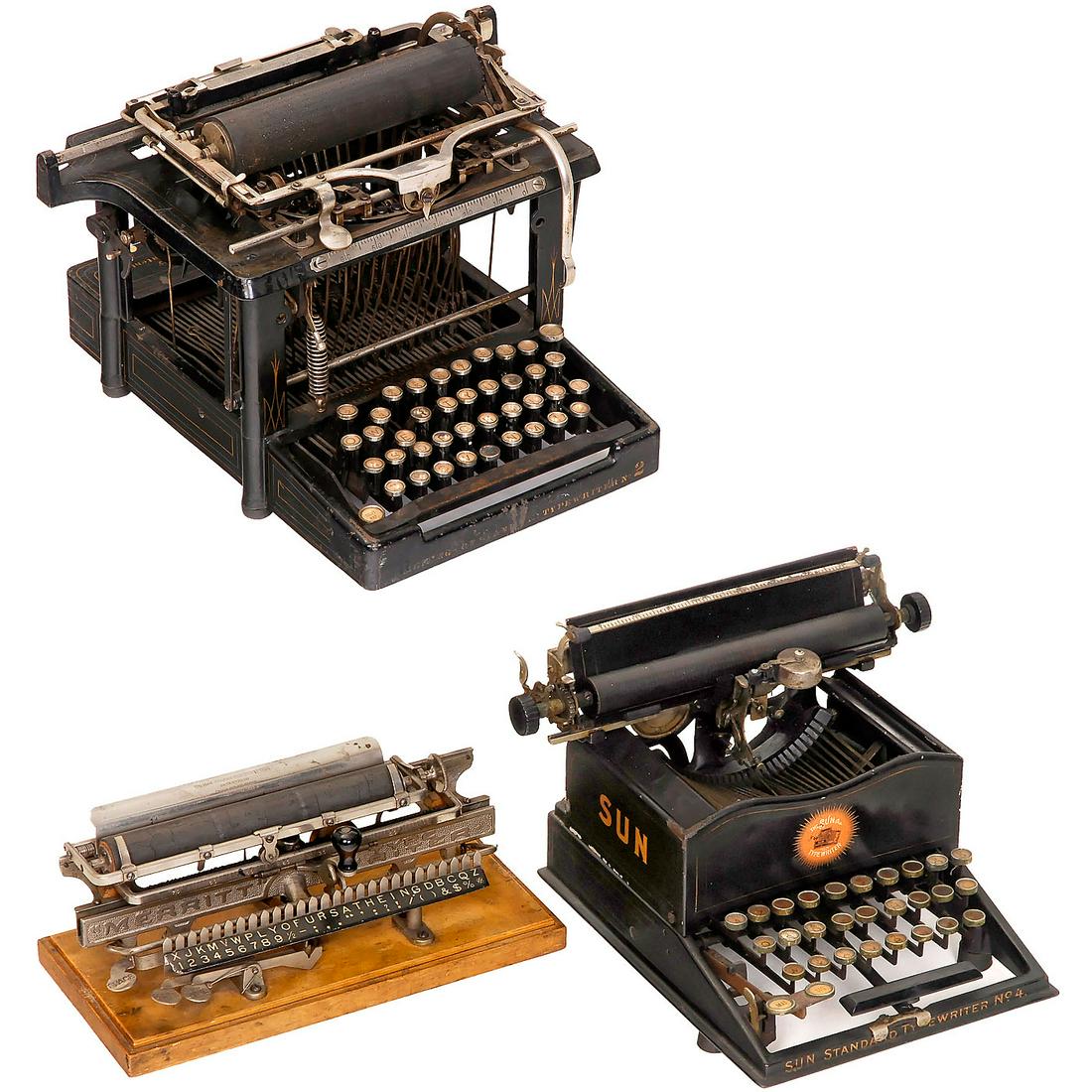 3 American Typewriters: 3 American Typewriters 1) Merritt, 1889, attractive American index typewriter in fair condition. No inking mechanism. Serial no. 6899 - Historically important collector's item! - 2) Sun Standard Typew