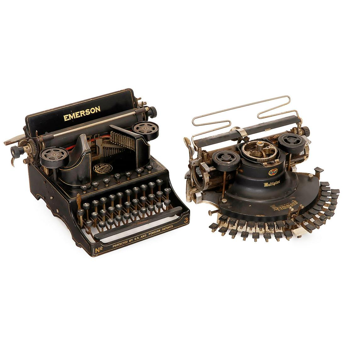 Emerson No. 3 and Hammond Multiplex Typewriters: Emerson No. 3 and Hammond Multiplex Typewriters 1) The Emerson No. 3, 1907. Serial no. 6166, attractive American design. Carriage escapement faulty. Rarely found in Europe. (3/4) - And: 2) Hammond Mul