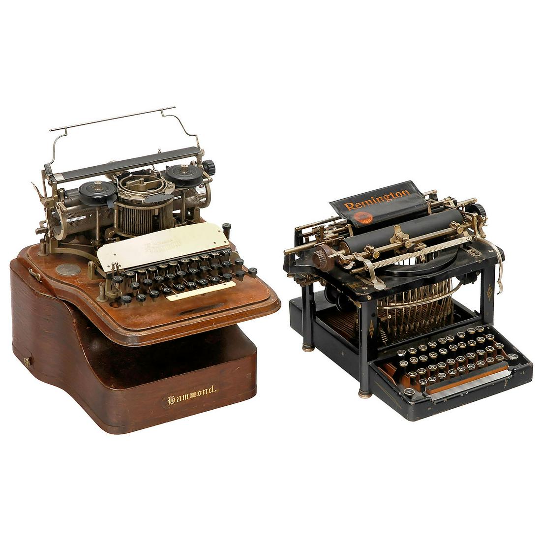 2 American Typewriters: 2 American Typewriters 1) Remington No. 6, c. 1904, serial no. 165351, upstroke machine with wood typebars. (3/3) - And: 2) Hammond No. 12, c. 1904, serial no. 53611, with universal keyboard and wood 