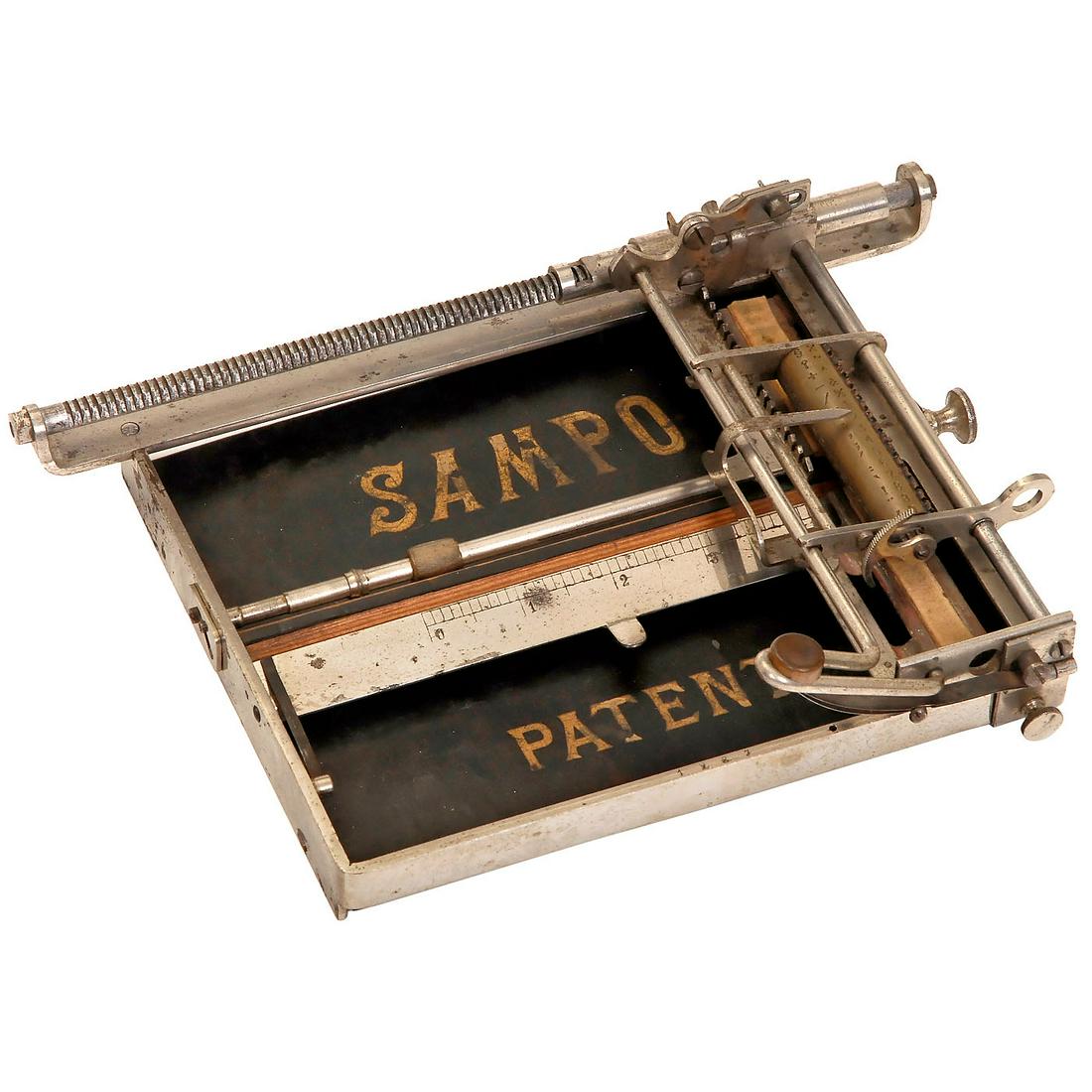Sampo Typewriter, 1894: Sampo Typewriter, 1894 First Swedish typewriter, manufactured by Husqvarna Vapenfabriks AB, typesleeve linear index machine, German umlauts, two ink pads, serial no. 1287. - A superb collector's item 