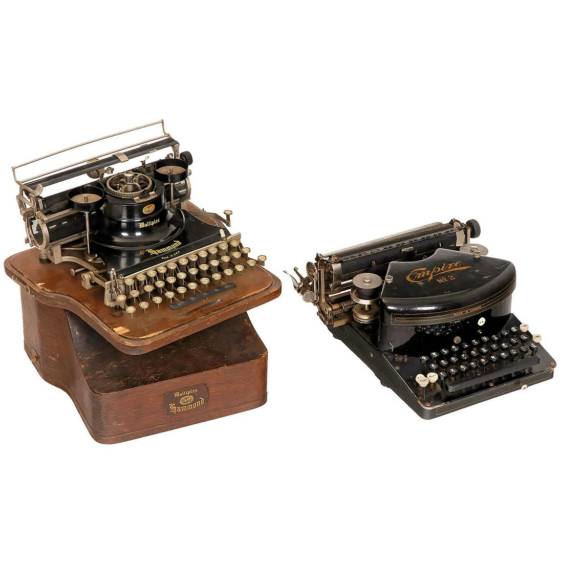 Empire No. 2 and Hammond Multiplex: Empire No. 2 and Hammond Multiplex 1) Empire No. 2, 1909, Canadian thrust-action typewriter. (3-/3-) - And: 2) Hammond Multiplex, 1913. American typesleeve machine with universal keyboard and case. Se