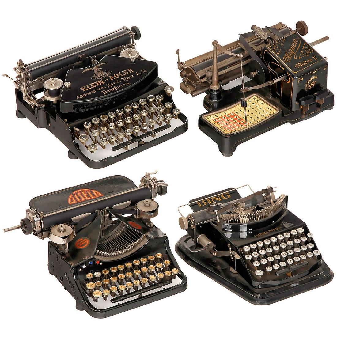 4 German Typewriters: 4 German Typewriters 1) Mignon Modell 2, 1905 onwards, no. 5645, AEG -Deutsche Schreibmaschinen GmbH, Berlin, index typesleeve typewriter, mechanism sticks. (3/4) - 2) Klein-Adler, model 1, 1912 onwar