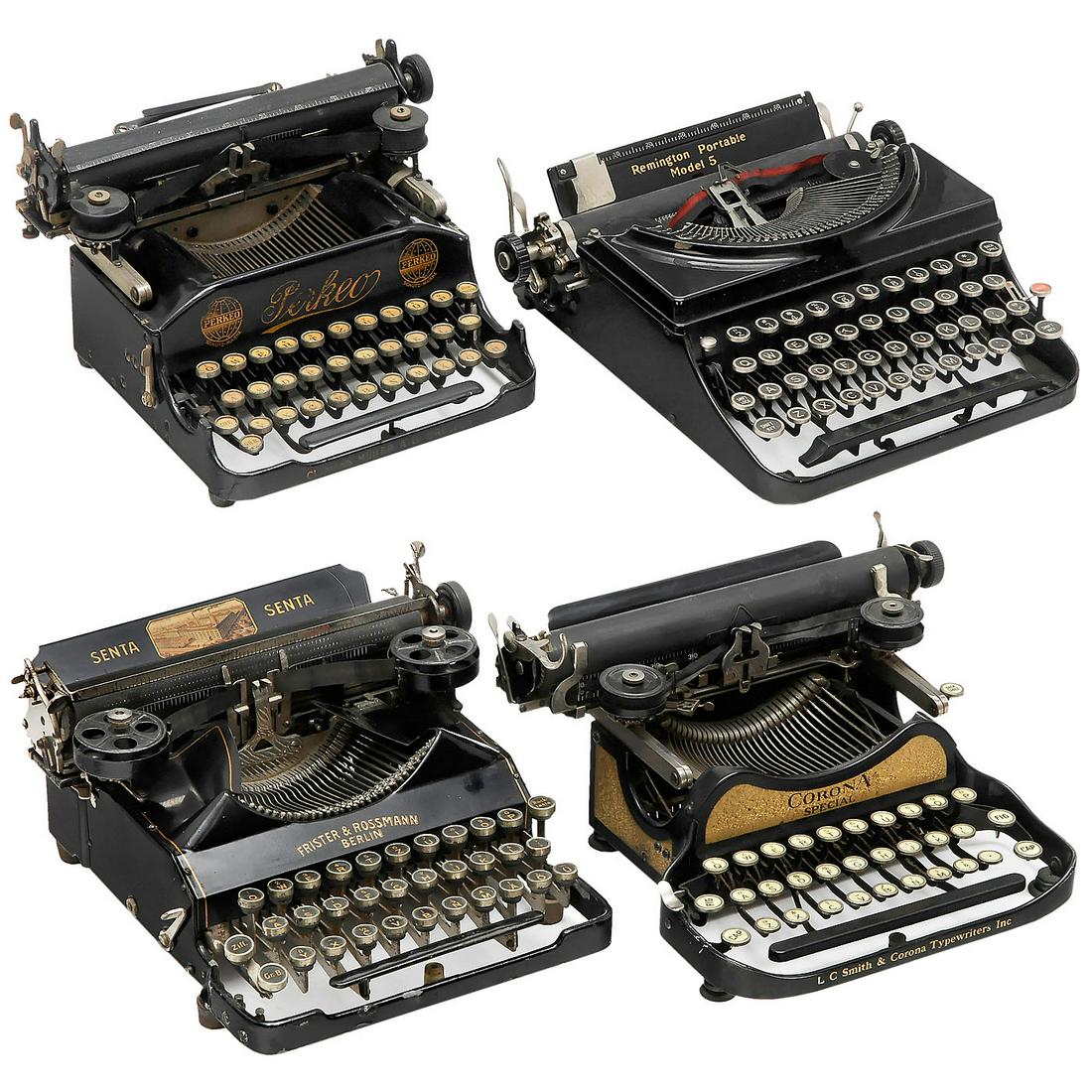 4 Small Typewriters: 4 Small Typewriters 1) Senta, 1912, no. 19355, Frister & Rossmann, Berlin. - 2) Perkeo, 1914, no. 20014, Clemens Müller A.G., Dresden, folding. - 3) Corona Special Gold, 1929, L.C. Smith & Corona Typ