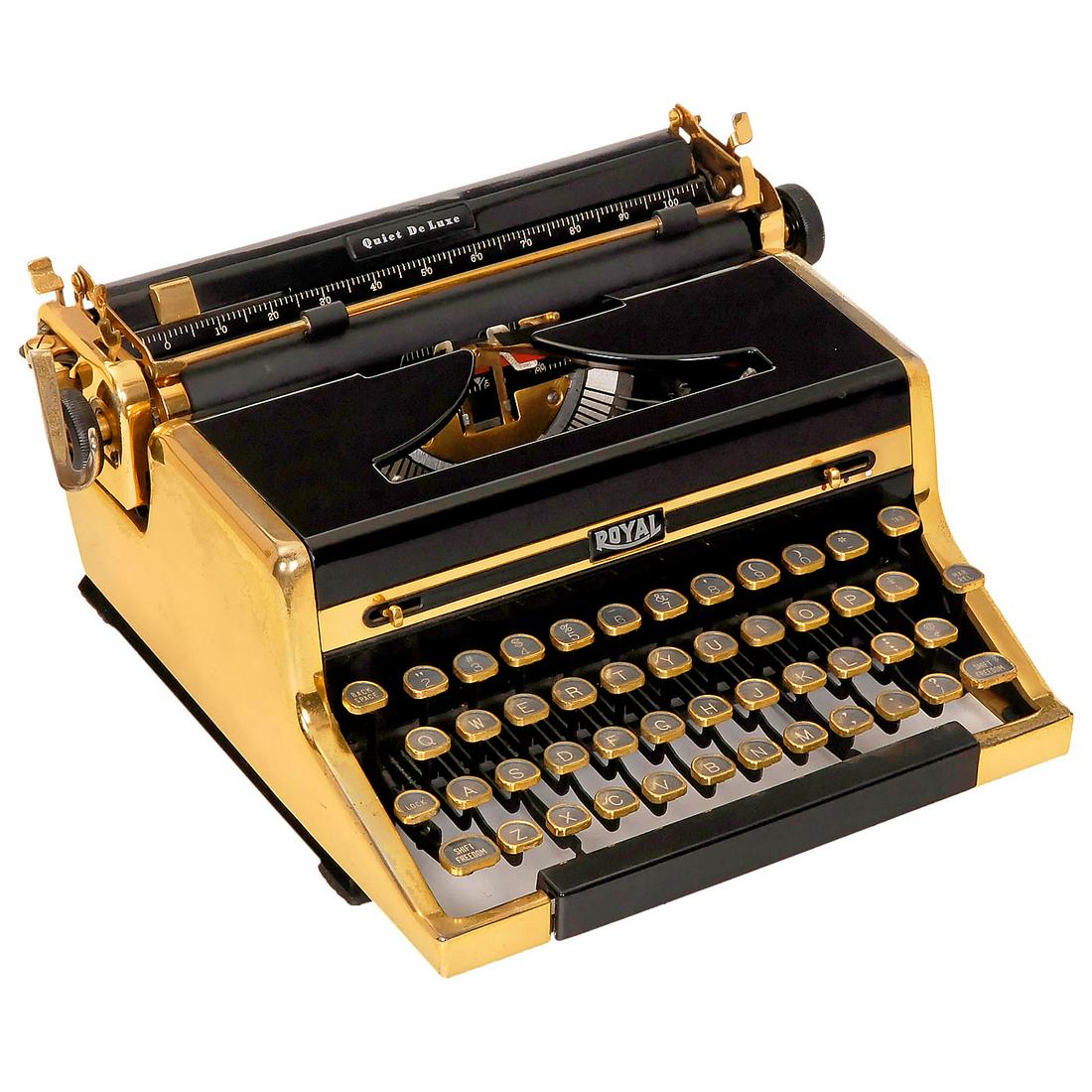 Royal Quiet Deluxe Gilt-Finish Typewriter, 1948: "Royal Quiet Deluxe" Gilt-Finish Typewriter, 1948 Rare deluxe version designed by famous artist Henry Dreyfuss. A later model was owned by Ian Flemming (Bond author) and was sold for $ 80.000! - Liter