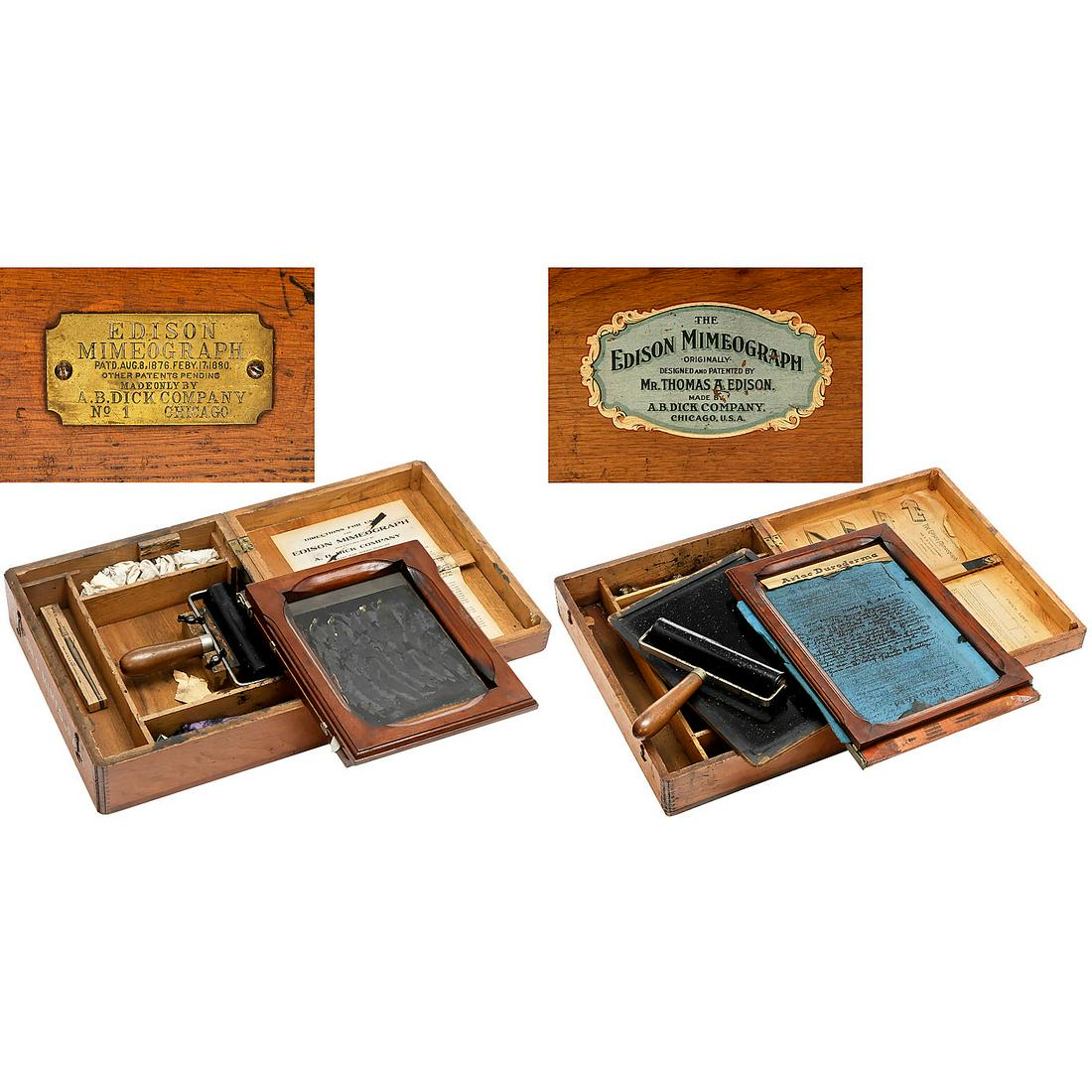 The Edison Mimeograph Models No. 0 and 1, 1875 onwards: "The Edison Mimeograph" Models No. 0 and 1, 1875 onwards 2 stencil copying devices in original cases, designed and patented by Thomas Alva Edison and manufactured by A.B. Dick & Co., Chicago, Ill., U.