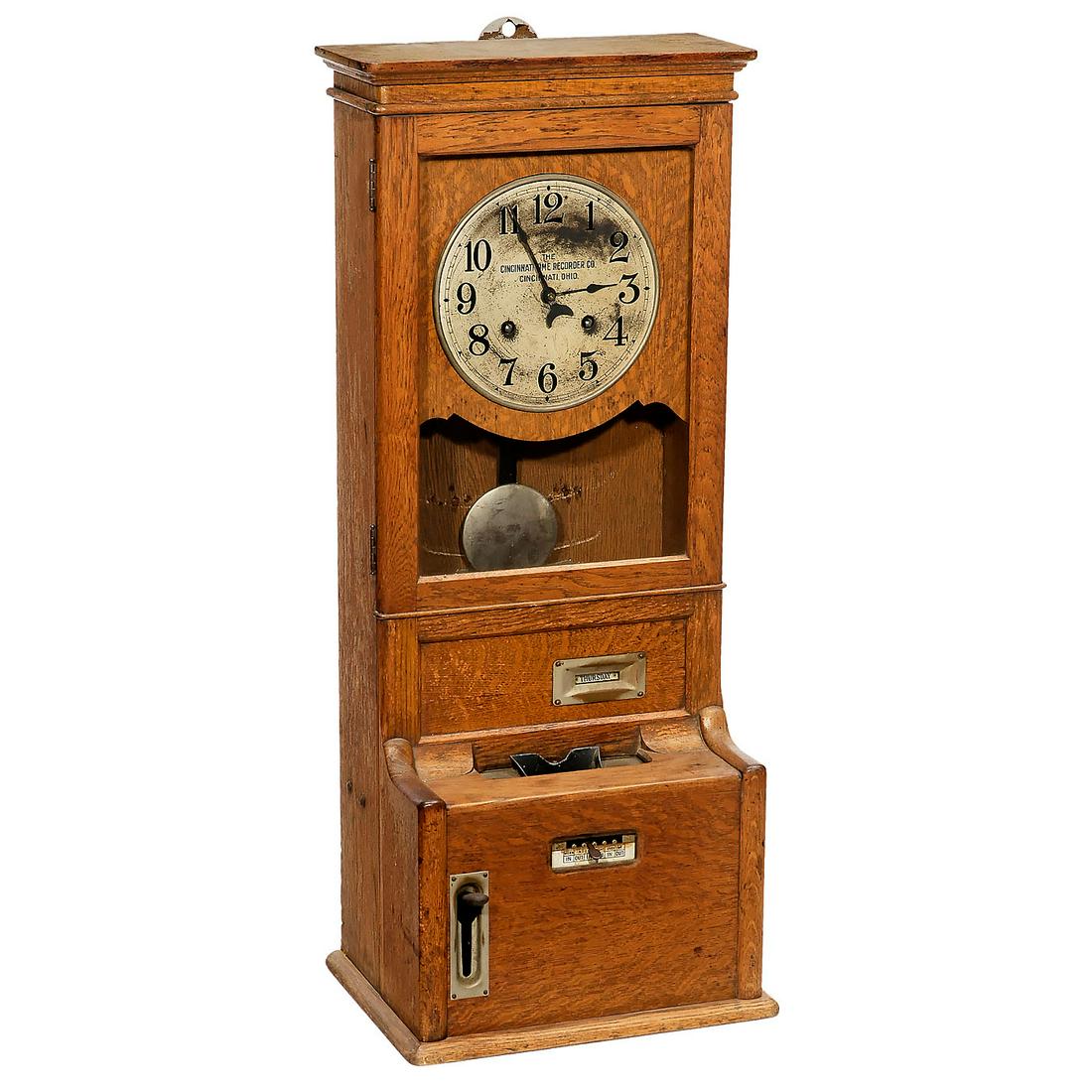 Cincinnati" Time Clock, c. 1920: Cincinnati" Time Clock, c. 1920 Model 37, made by The Cincinnati Time Recorders Company, Ohio, USA. Card recorder, wall-mounted oak case, spring-driven, complete with pendulum, height 42 ½ in. Ameri