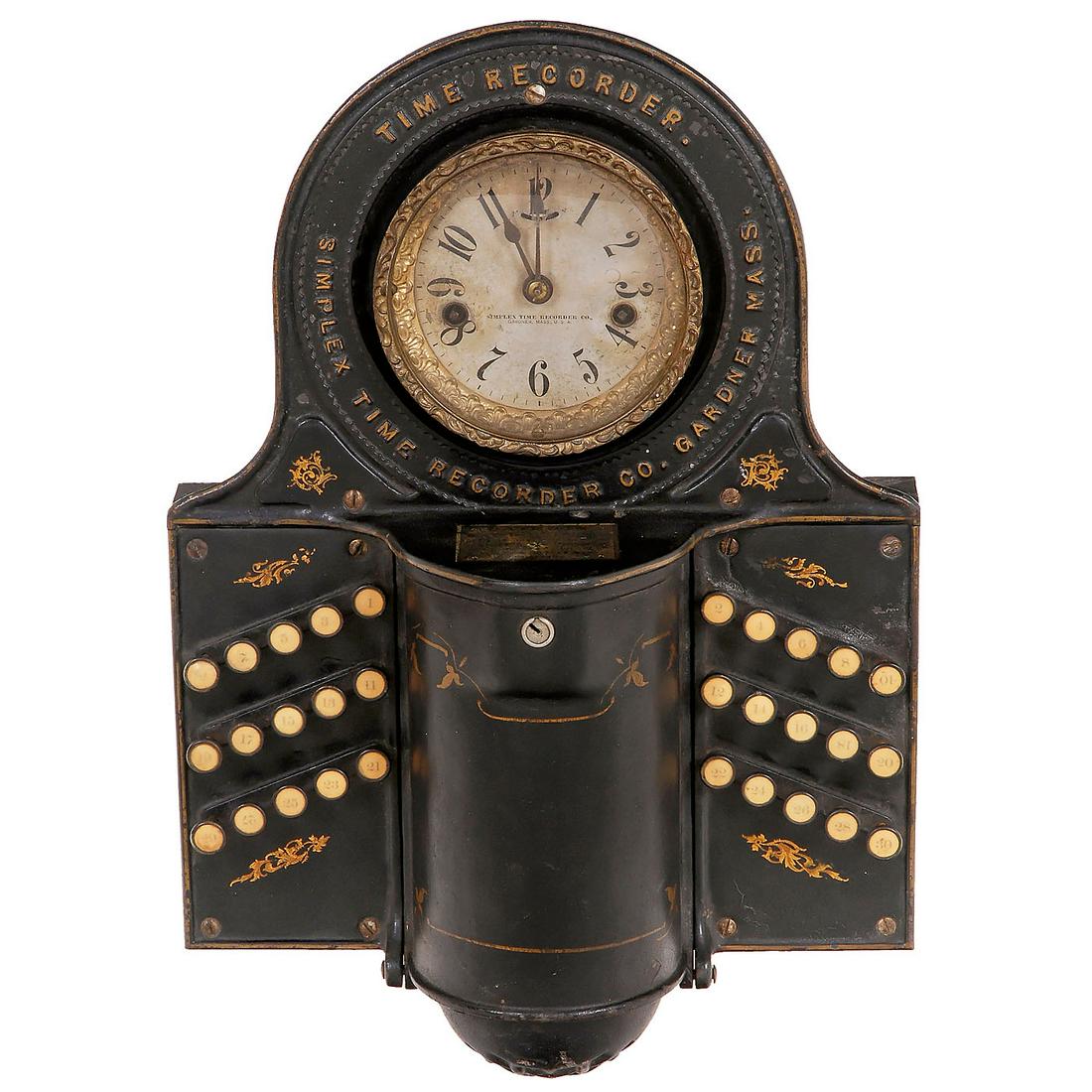 Simplex Time Recorder, 1925: "Simplex" Time Recorder, 1925 Simplex Time Recorder Co., USA. For 30 employees, cast iron, original paint finish with gilt decoration, clockwork motor untested, otherwise working condition, with bell,