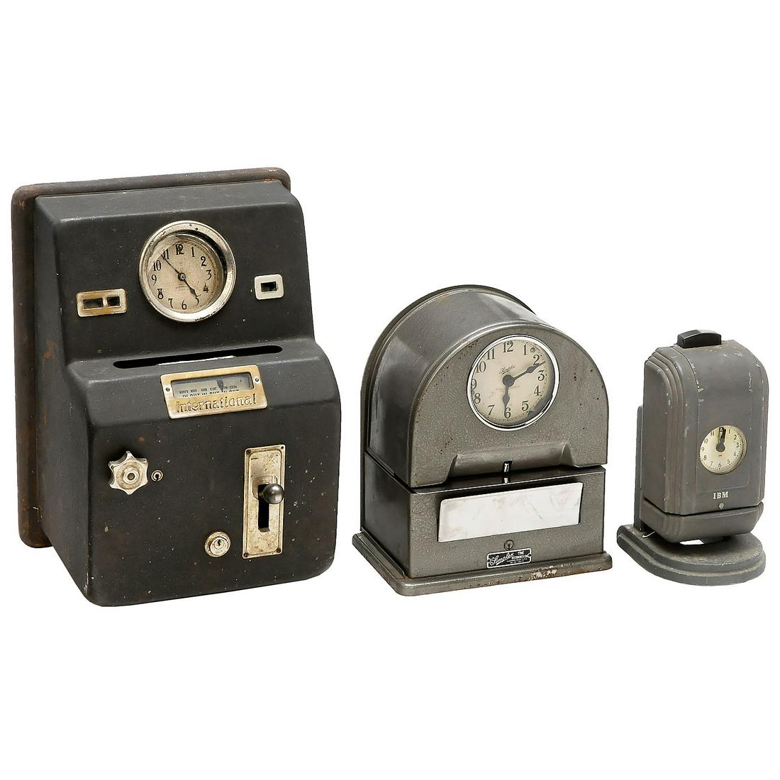 3 Electrical Time Stamps: 3 Electrical Time Stamps 1) IBM, model 780. - 2) Simplex, Simplex Time Recorder Company, Gardner, USA. - And: 3) International Time Recorder. 3 elektrische Stempeluhren 1) IBM, Modell 780. - 2) Simple