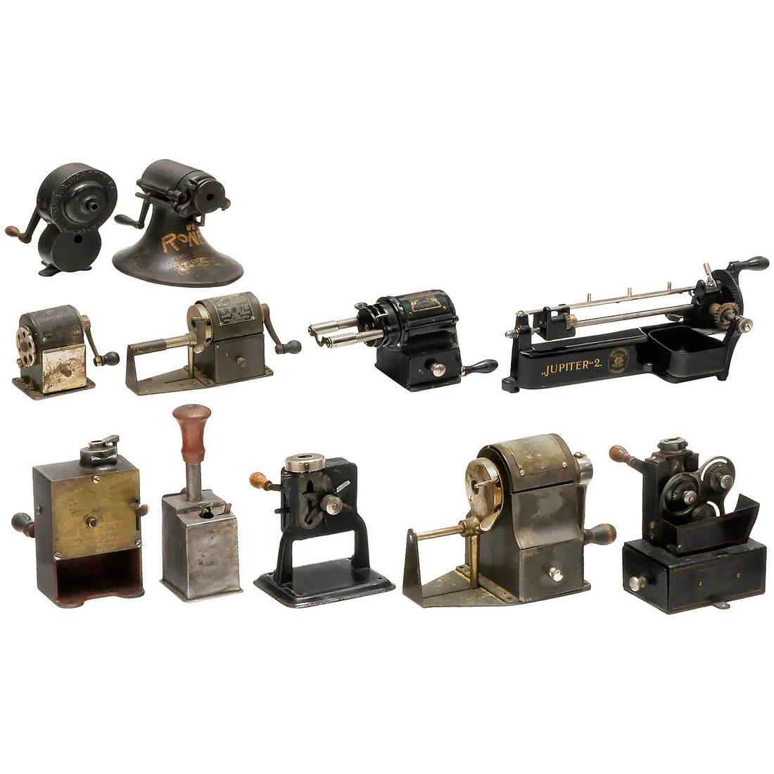 11 Early Mechanical Pencil Sharpeners: 11 Early Mechanical Pencil Sharpeners 1) F.S. Webster Co., Boston. Webster Pencil Sharpener, c. 1900, with container. - 2) Automatic Pencil Sharpener Co. Chicago, IL. Wizard, c. 1915, with container.