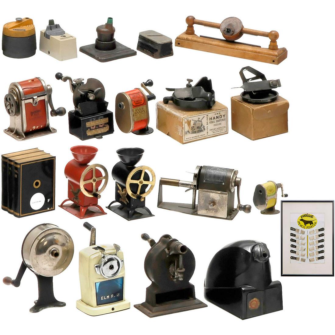 19 Antique Mechanical Pencil Sharpeners: 19 Antique Mechanical Pencil Sharpeners 1) Stile Craft, St. Louis. Electro-Pointer, c. 1930, bakelite, early electric model, with container. - 2) Unmarked, book-shaped, electric. - 3) Japan. 2 x Eagle