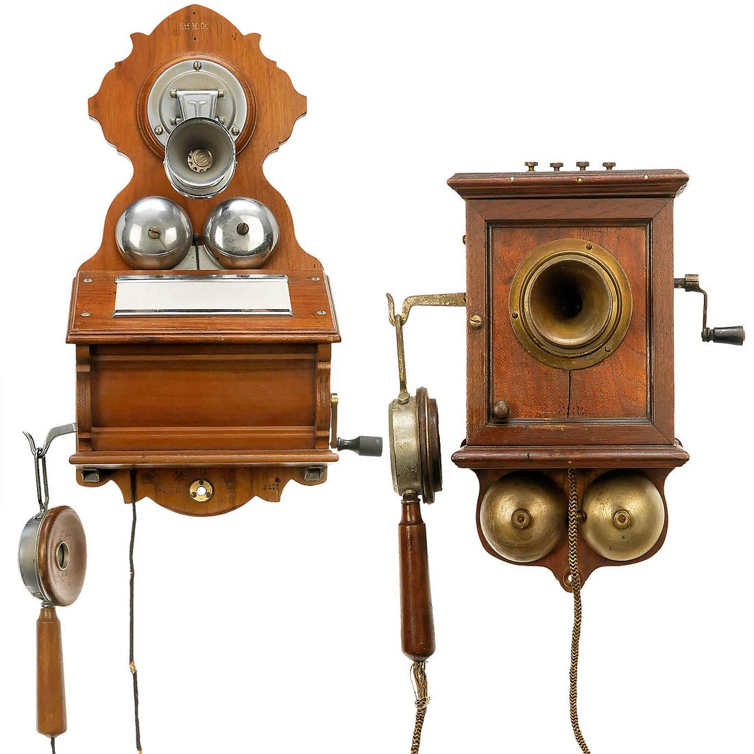 2 German Wall Telephones, 1904 onwards: 2 German Wall Telephones, 1904 onwards 1) "Stf M.04", 1904, R. Krüger, Berlin. Writing desk, moveable microphone, large spoon-shape earphone, crank inductor, double bell, used from the Reichs-Telegra