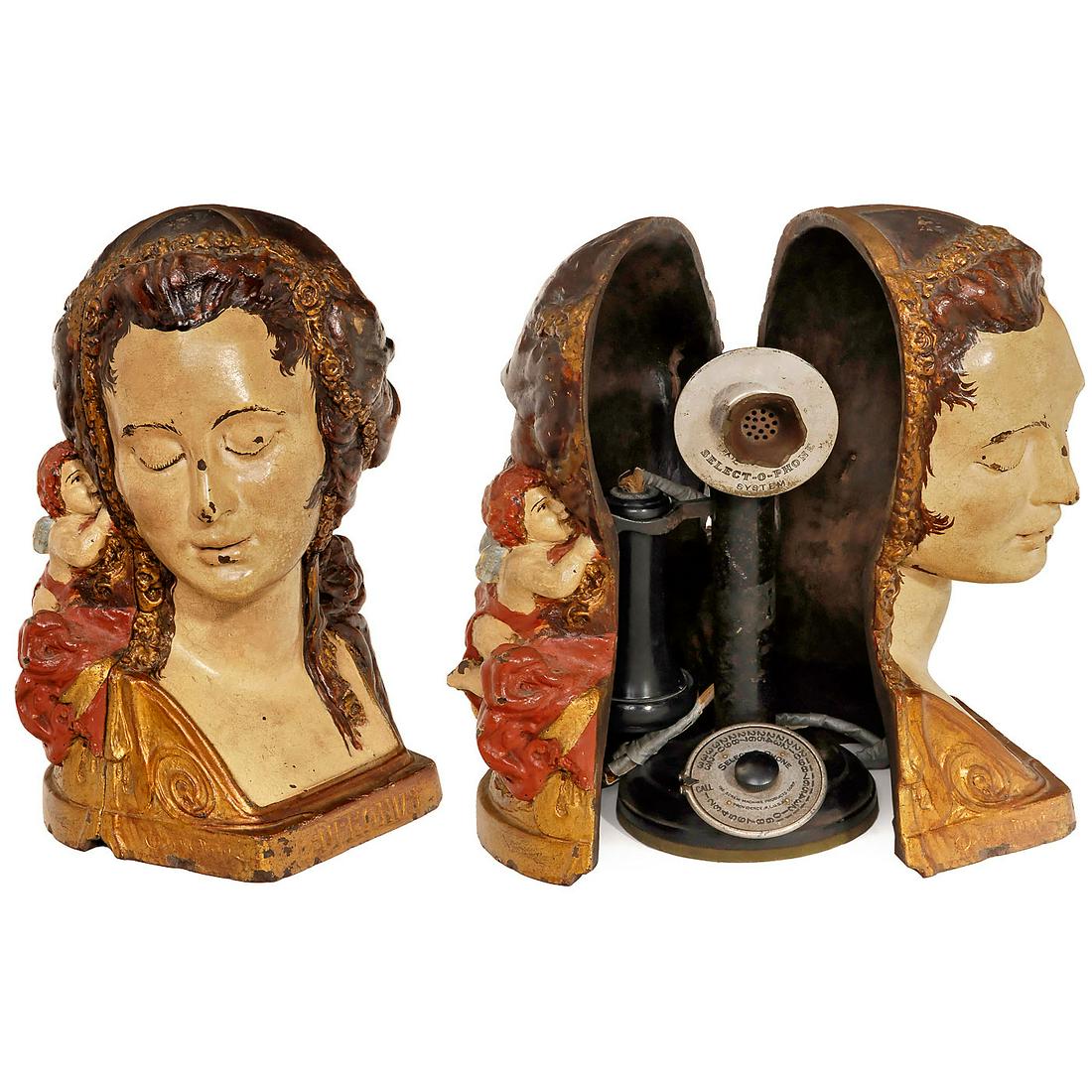 Extraordinarily Rare "Hide-A-Phone" Telephone Cover,: Extraordinarily Rare "Hide-A-Phone" Telephone Cover, 1917 "Euphonia" by L.C. Mayer. Plaster composition bust with two cherubs in her hair. Designed to hide the "unattractive" new communication devices