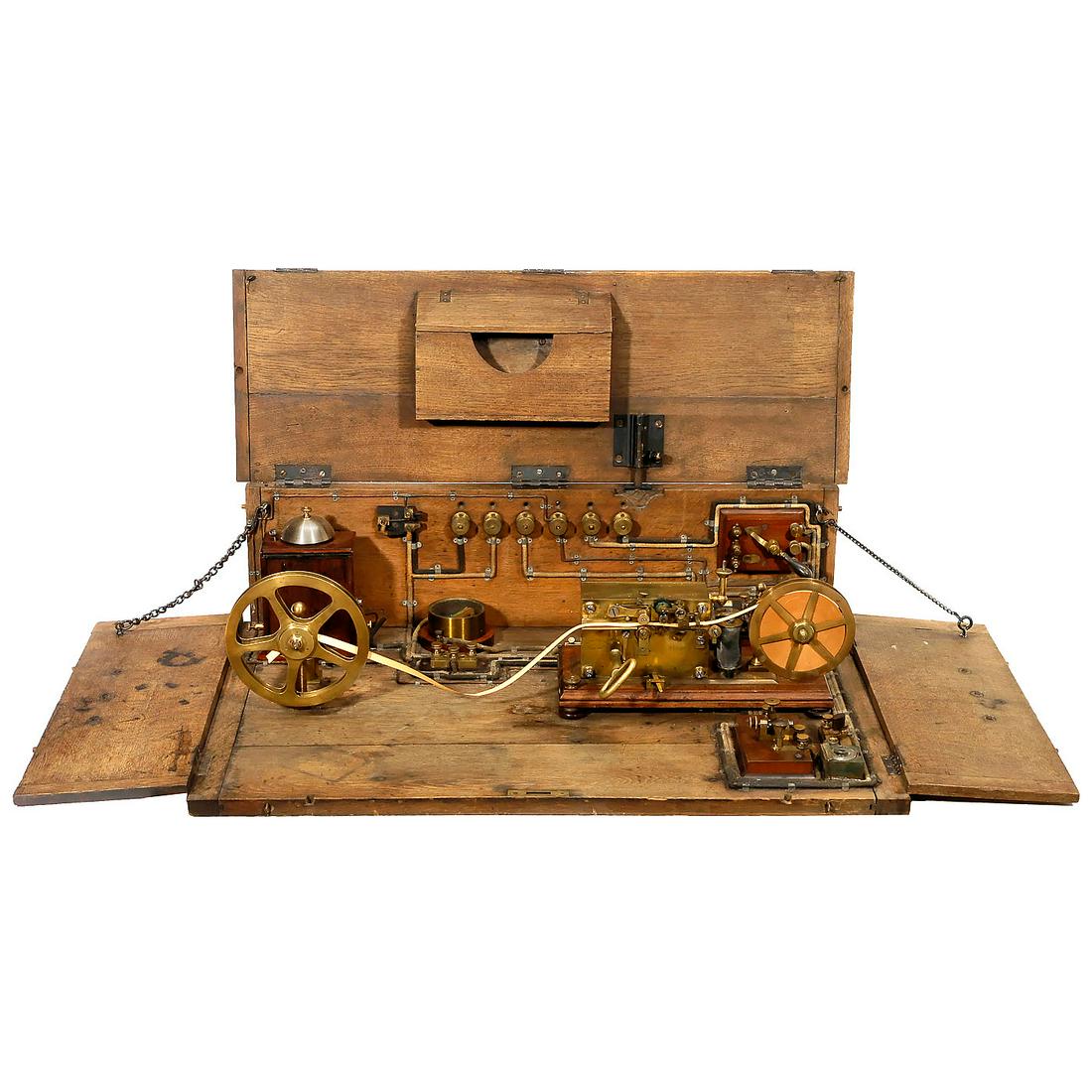 Transportable French Telegraph Station, c. 1880: Transportable French Telegraph Station, c. 1880 Administration des Postes et des Télégraphes, with inkwriter telegraph receiver no. 17902, Morse key, bell in mahogany case, relay, switch, galvanomet