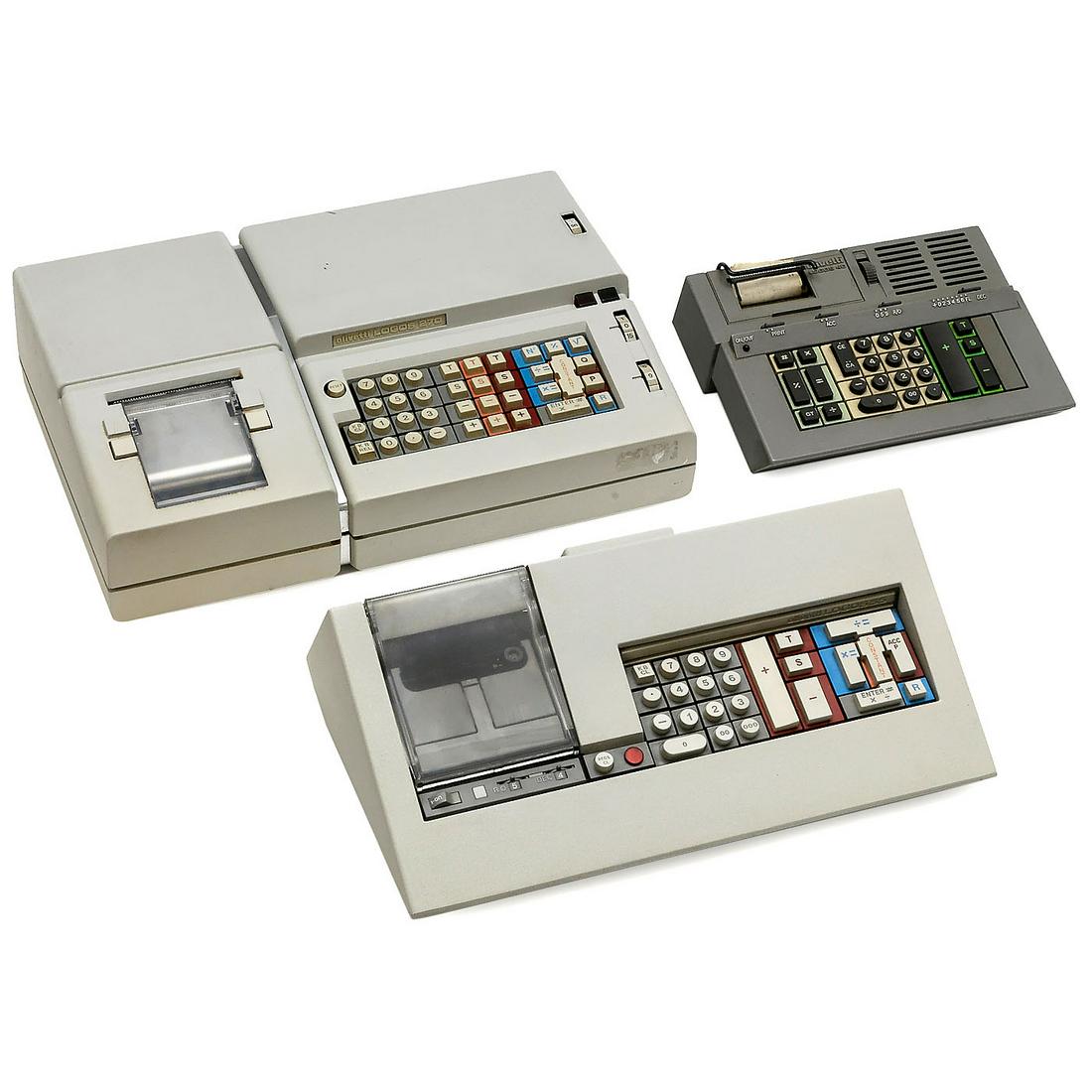 3 Electronic Desktop Calculators by Olivetti: 3 Electronic Desktop Calculators by Olivetti 1) Logos 55 electronic desktop calculator, 1974, Italy, Texas Instruments TMC1828 mains processor, four basic arithmetic operations, internal plain-paper i