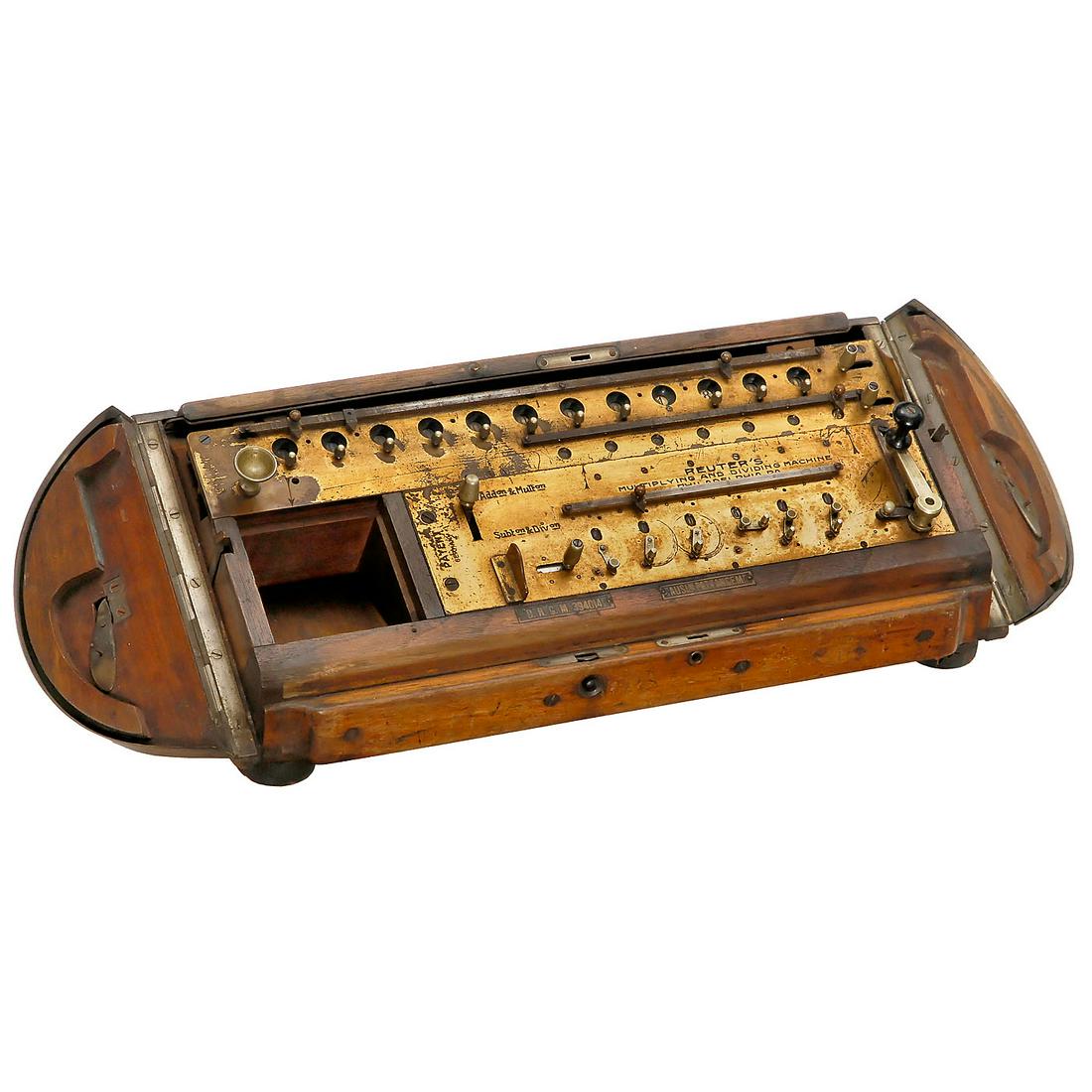 Saxonia (Rolltop), 1910: "Saxonia" (Rolltop), 1910 Extremely rare German stepped-drum calculating machine by Glashütter Rechenmaschinenfabrik Saxonia. German trademark D.R.G.M. no. 394014. Distributed by Reuter's Multiplying