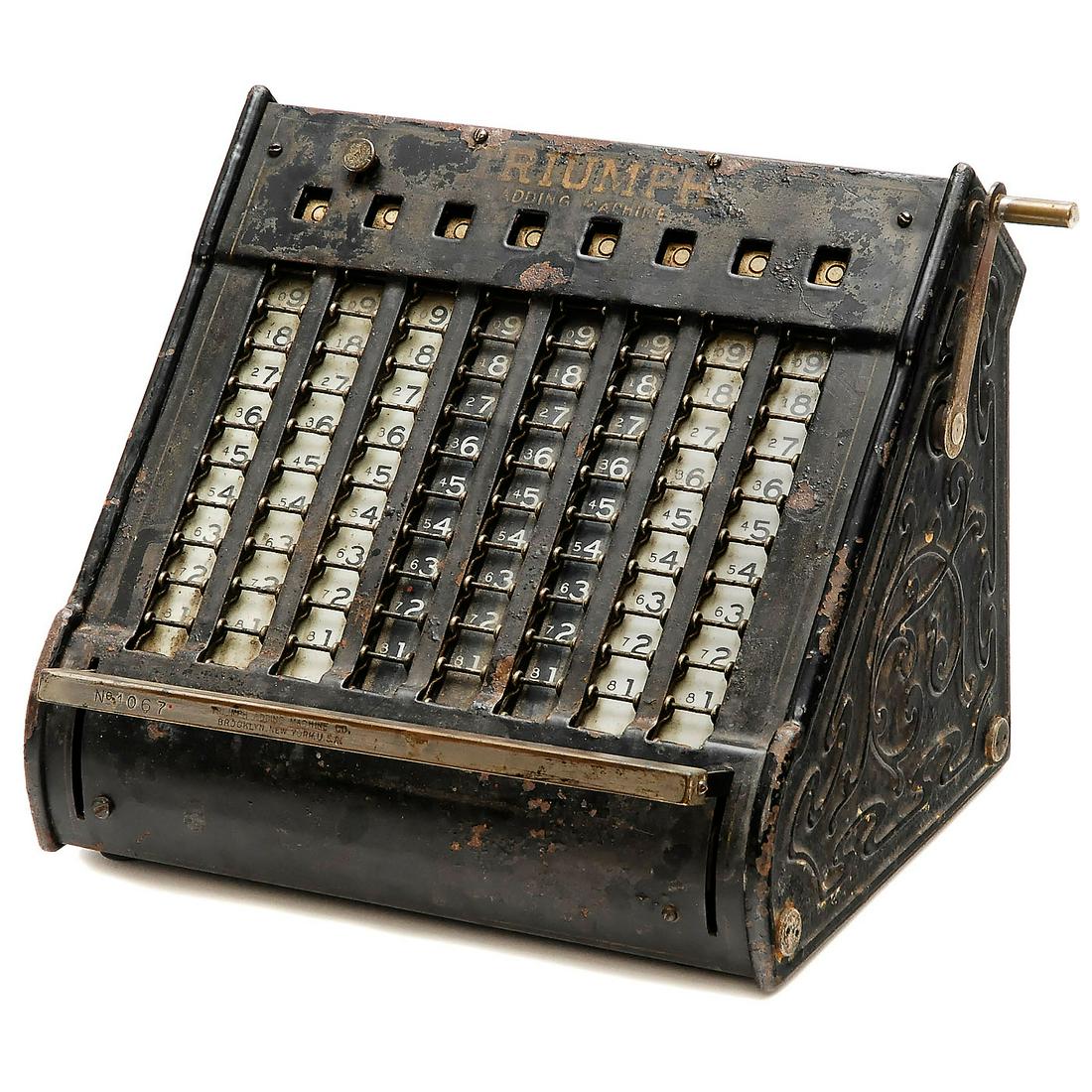 Triumph Adding Machine, 1910: Triumph Adding Machine, 1910 Manufactured by Triumph Adding Machine Co., Brooklyn, N.Y., USA. Serial no. 1067. Highly interesting American adding machine with digital chain rows. Both sides with attra