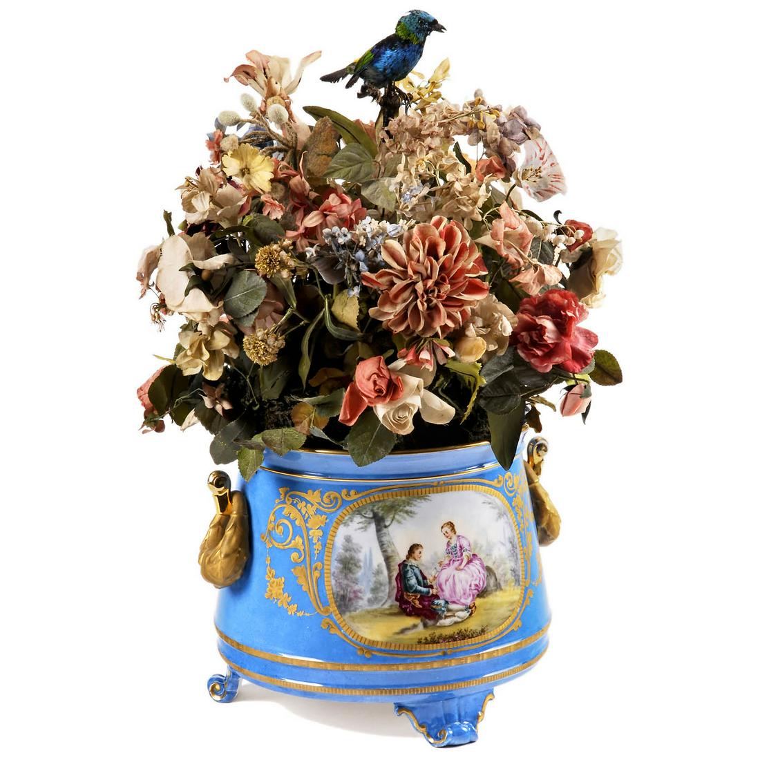 Automaton Singing Bird Jardinière by Blaise Bontems, c.: Automaton Singing Bird Jardinière by Blaise Bontems, c. 1890 Bird with iridescent blue, green and black plumage flecked with golden highlights, articulated head, beak and tail controlled by going-bar