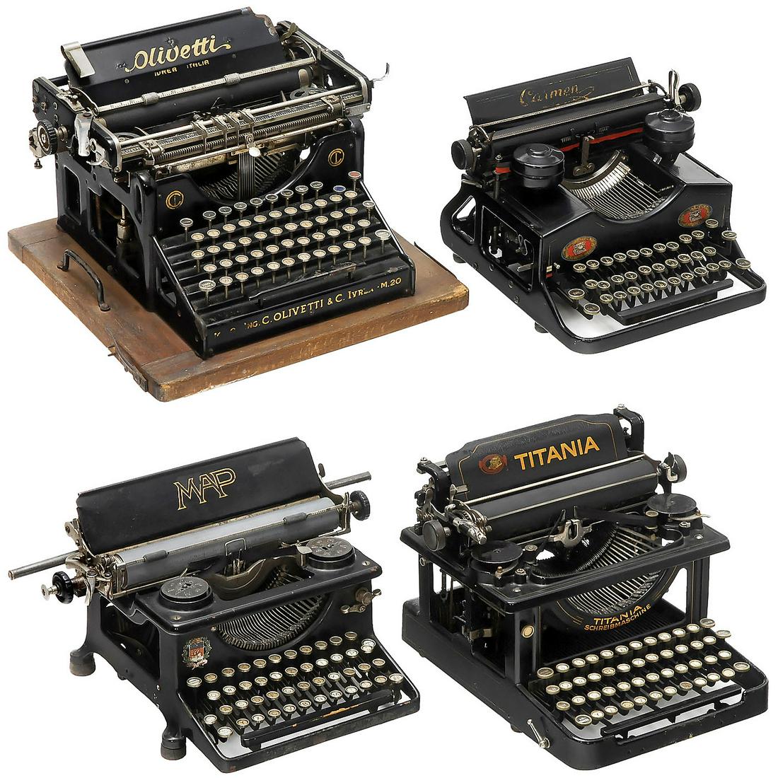 4 European Typewriters: 4 European Typewriters 1) Titania 3, no. 7401, Mix & Genest, Berlin, 1913 onwards. (3/4) - 2) Olivetti M-20, no. 54466, Camillo Olivetti, Ivrea, Italy, 1920 onwards. (3/3) - 3) MAP, no. 103241, Soci�