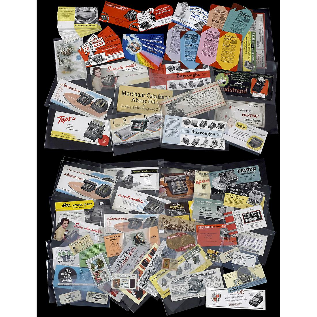 Approx. 80 Office Machine Advertising Cards, c. 1910-50: Approx. 80 Office Machine Advertising Cards, c. 1910-50 Advertisements for typewriters and calculating machines: Royal Portable, Remington Office-Riter, Victor Standard Adding Machine, Underwood Port