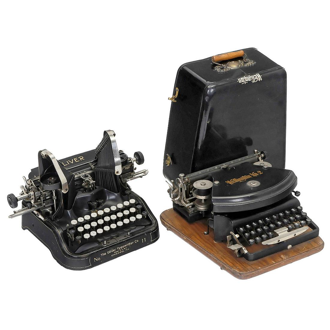 2 American Typewriters: 2 American Typewriters 1) "The Oliver No. 11", 1925, no. 1007321, black case with golden pinstriping, no side handles, the last model of this popular typebar machine produced in America. - Literature
