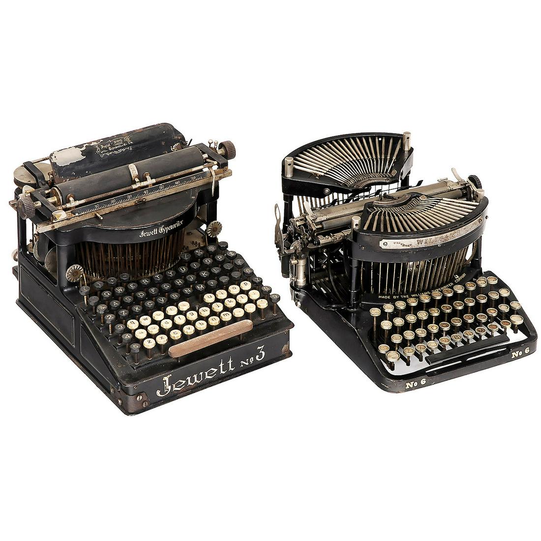 2 American Typewriters: 2 American Typewriters 1) Jewett No. 3, 1898, manufactured by Jewett Typewriter Company, Des Moines, American forerunner of the famous German "Germania", missing one keytop, working but in need of re