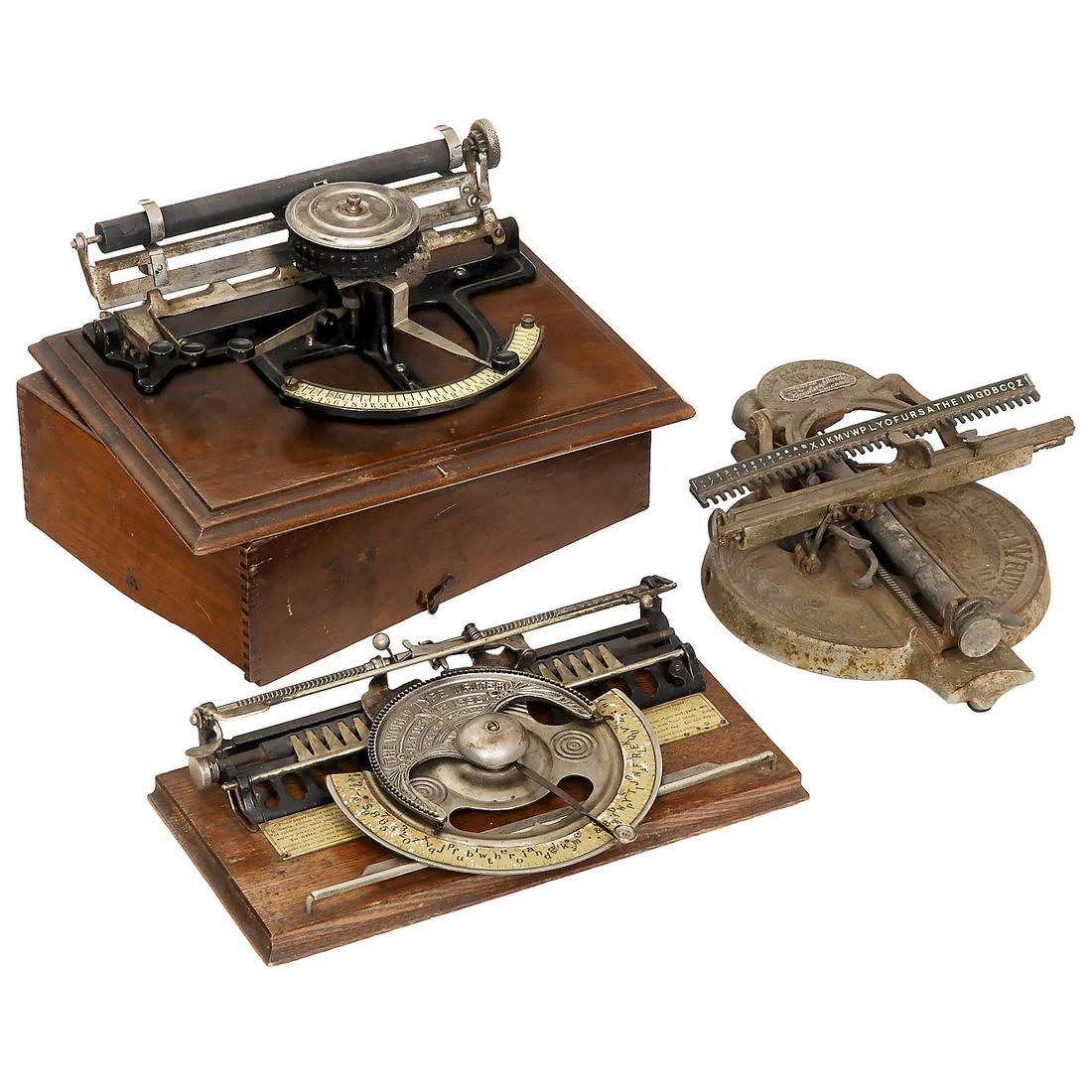 3 American Index Typewriters: 3 American Index Typewriters 1) The World Typewriter Mod. 2, 1886, with a semi-circular type plate, patented by John Becker in 1886, manufactured by Pope Manufacturing Company, Boston, no rubber shee