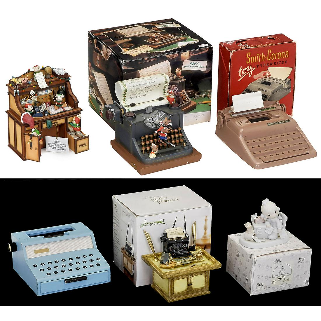 Typewriter Novelties and Office Accessories: Typewriter Novelties and Office Accessories 1) Enesco musical mice typewriter automaton, playing "Jolly Old St. Nicholas", 110 V, in box. - 2) Enesco musical mice writing desk automaton, playing "San