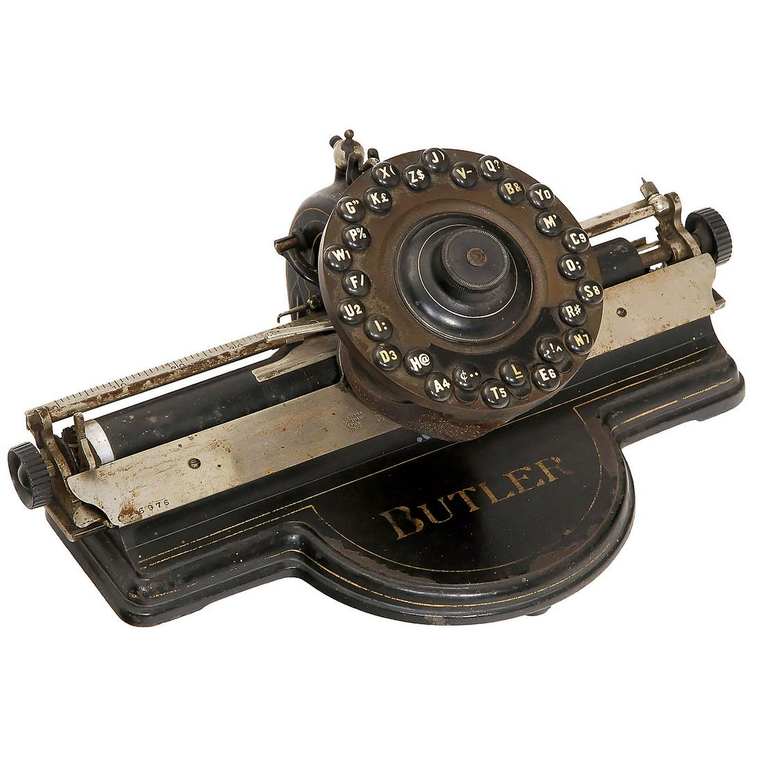 "Butler" Typewriter, c. 1903: "Butler" Typewriter, c. 1903 "Lambert model 3" type, serial no. 6976, American single-piece keyboard typewriter, 28 keys, double shift for 84 characters, constructed by Frank Lambert, patented 1898,
