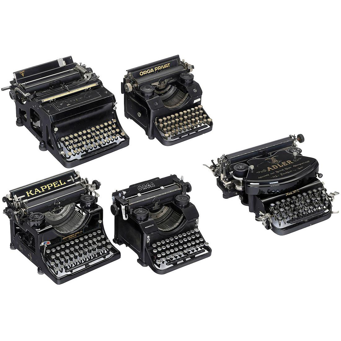 5 German Typewriters: 5 German Typewriters 1) "Adler No. 7", c. 1905, Adlerwerke formerly Heinrich Kleyer, Frankfurt, thrust-action machine, no. 8472, restored, working. (2/2) - 2) "Orga Privat", 1923, Bing Werke Nürnberg