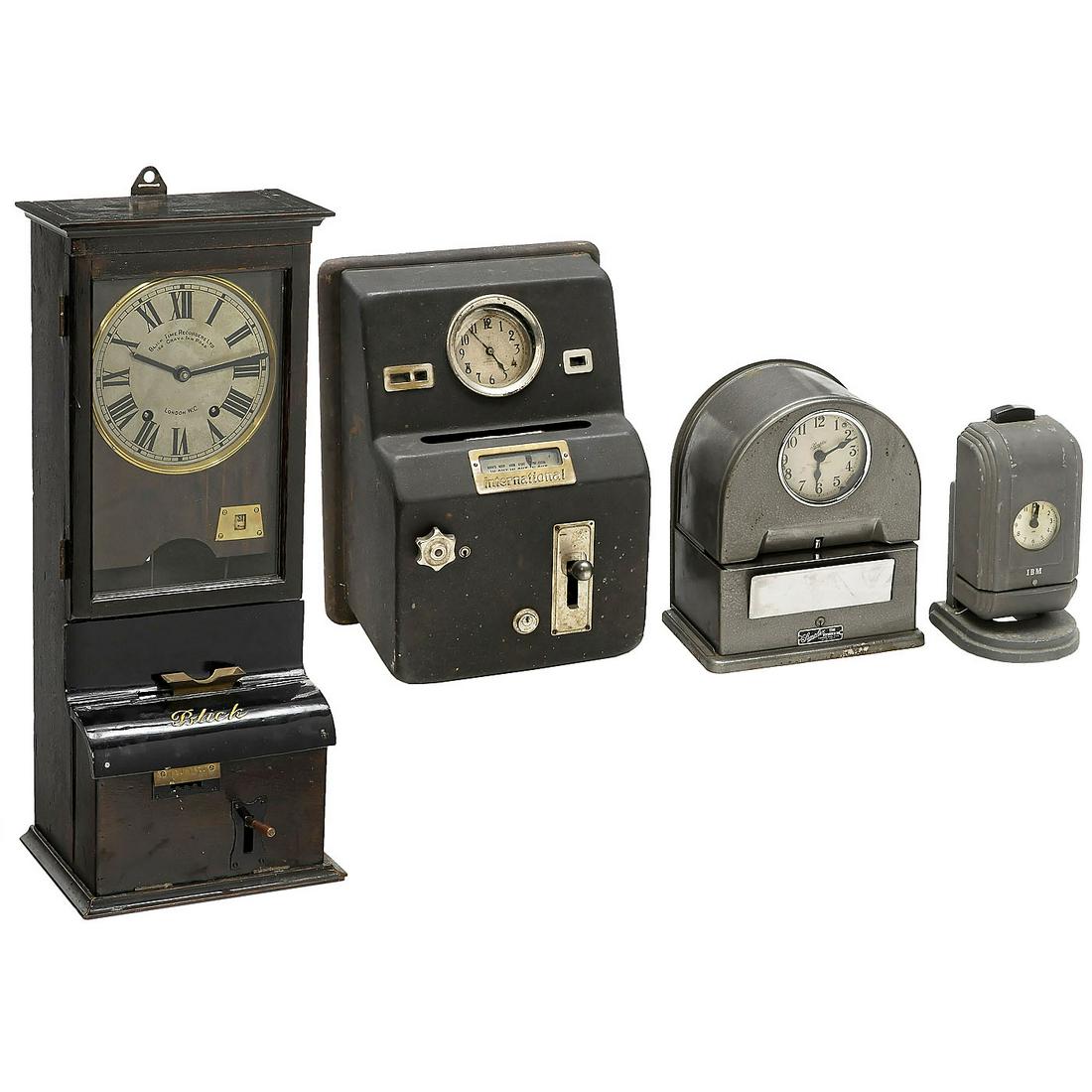 4 American Time Clocks: 4 American Time Clocks 1) IBM, model 780. - 2) Simplex, Simplex Time Recorder Company, Gardner, USA. - 3) International Time Recorder. - And: 4) "Blick" Time Recorder Clock, c. 1925, wall-mounted mod