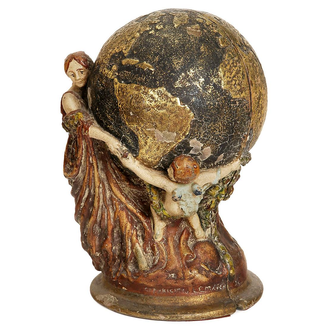 Extraordinarily Rare "Hide-A-Phone" Telephone Cover,: Extraordinarily Rare "Hide-A-Phone" Telephone Cover, 1915 Plaster-composition figure of a lady in antique garment, holding a cherub by the hand, dances around the globe. As the appearance of the telep