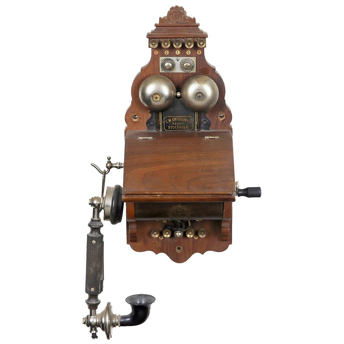 "L.M. Ericsson Model AB 120" Wall Telephone, c. 1898: "L.M. Ericsson Model AB 120" Wall Telephone, c. 1898 Serial no. 1871718, polished walnut case, two-magnet generator, handset with speaking horn, double bell, good unrestored original condition with o